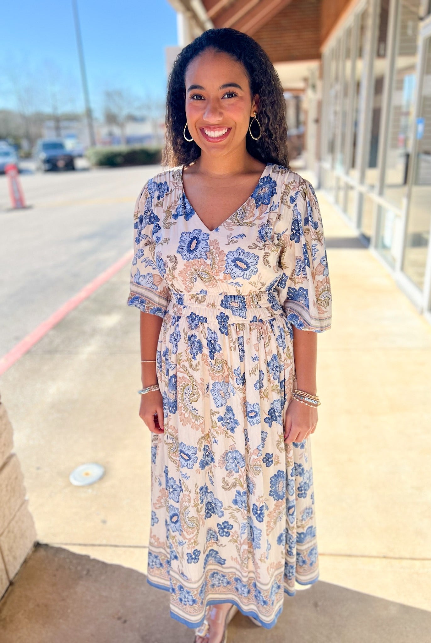Blue Border Print V - Neck 3/4 Sleeve Midi Dress (R) - A'Bekah's Boutique