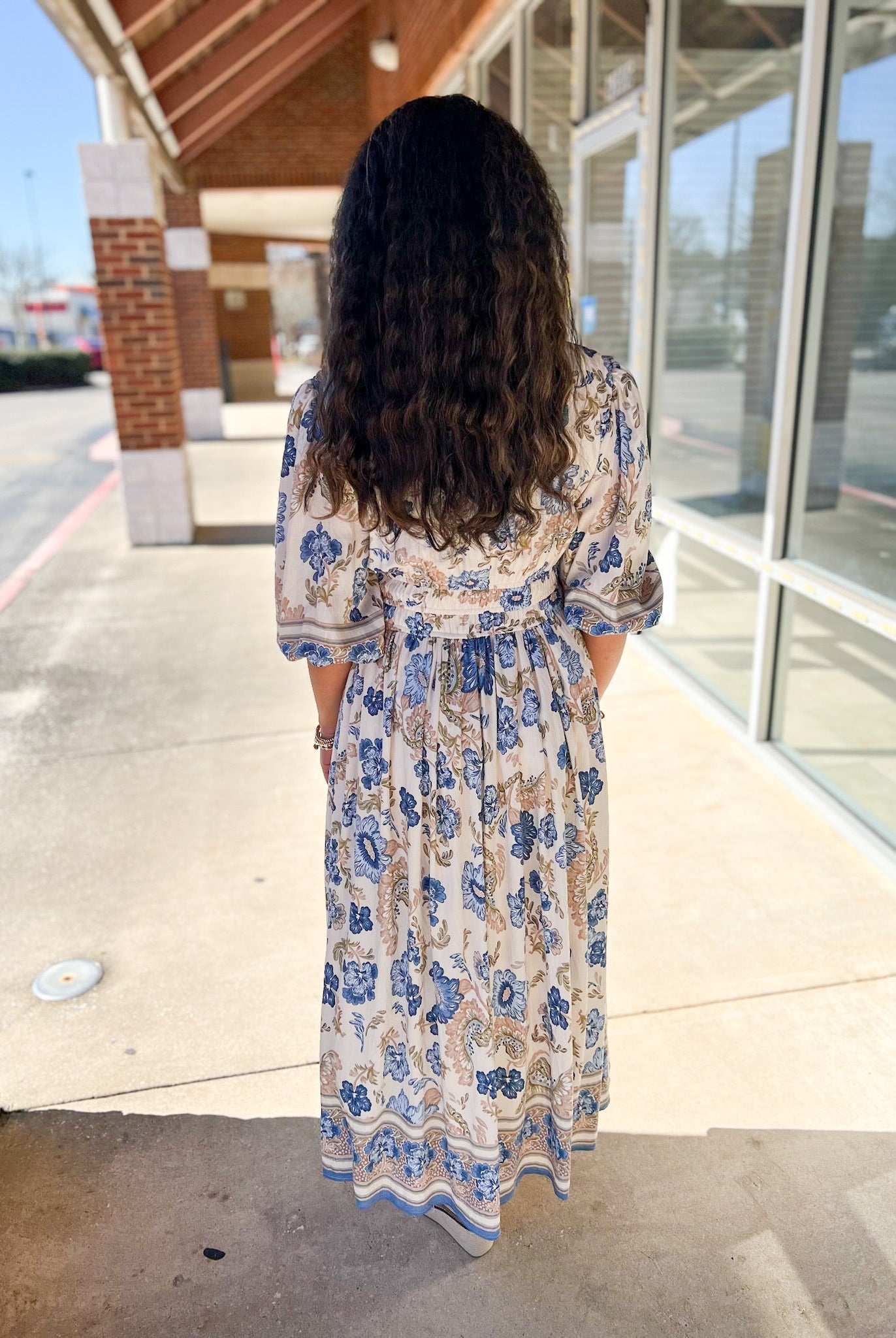Blue Border Print V - Neck 3/4 Sleeve Midi Dress (R) - A'Bekah's Boutique