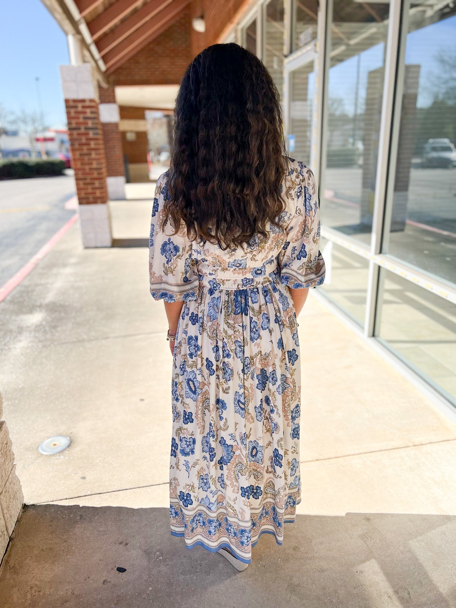 Blue Border Print V - Neck 3/4 Sleeve Midi Dress (R) - A'Bekah's Boutique
