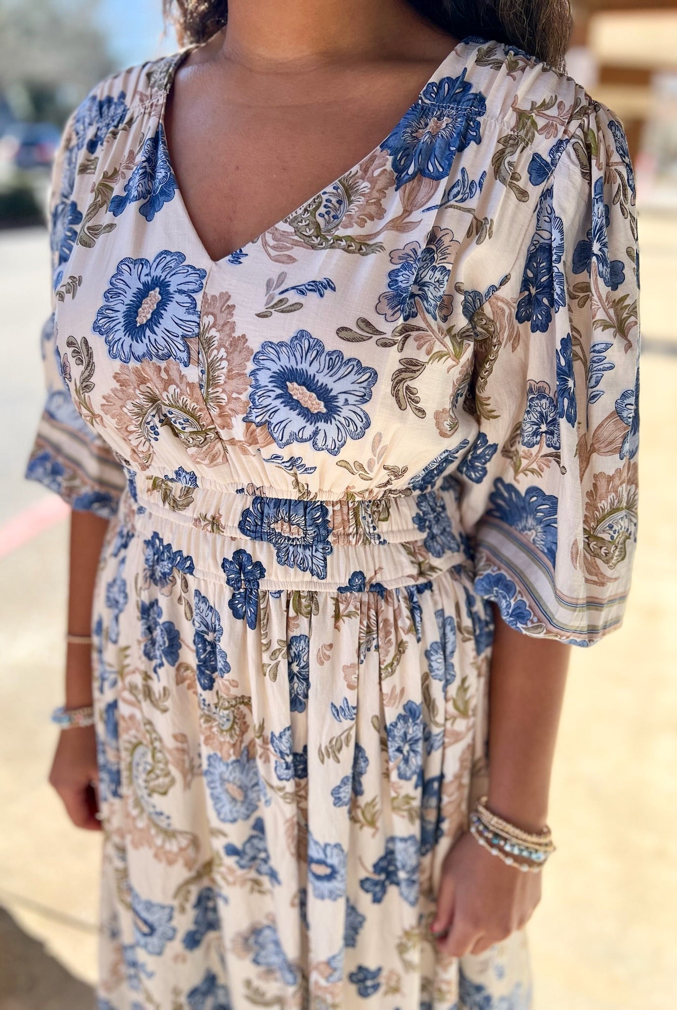 Blue Border Print V - Neck 3/4 Sleeve Midi Dress (R) - A'Bekah's Boutique