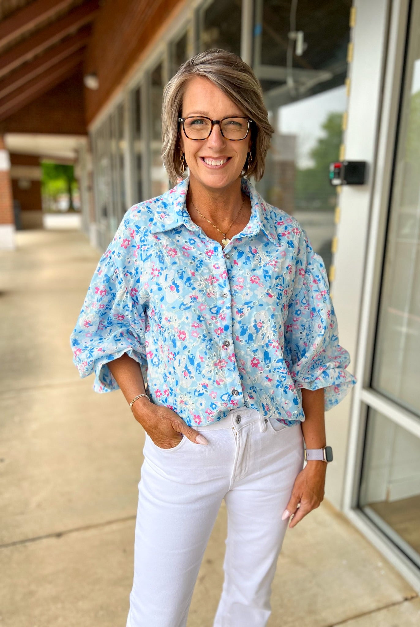 Blue Botanical Print Button Up Top with 3/4 Puff Sleeves - A'Bekah's Boutique