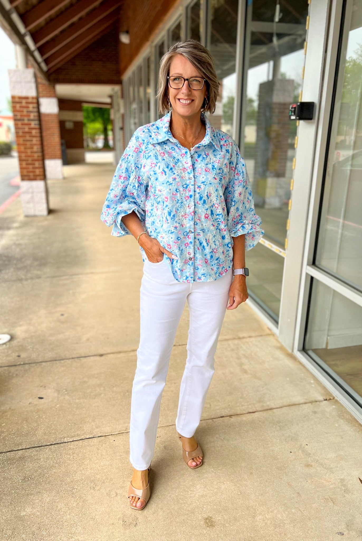Blue Botanical Print Button Up Top with 3/4 Puff Sleeves - A'Bekah's Boutique