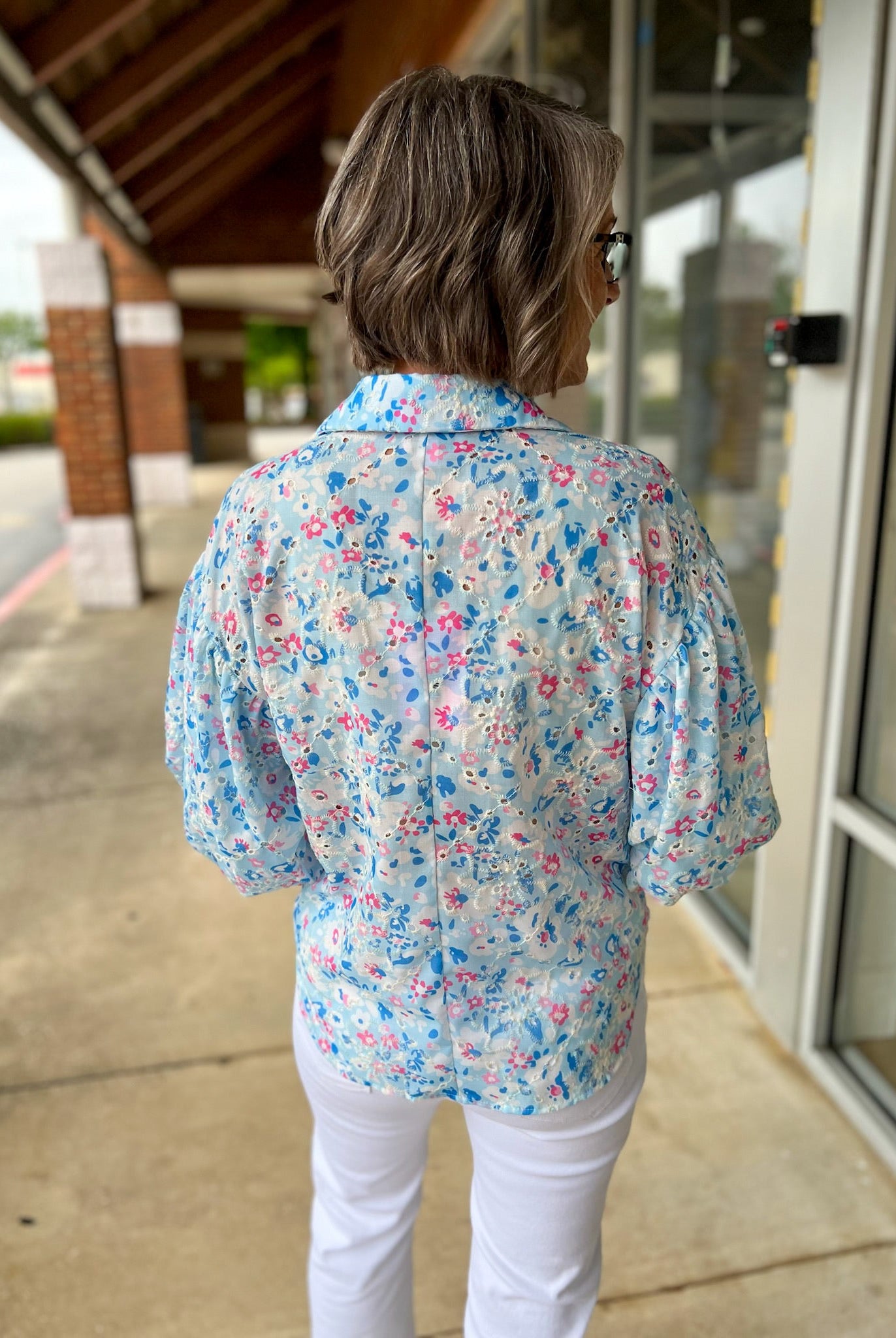 Blue Botanical Print Button Up Top with 3/4 Puff Sleeves - A'Bekah's Boutique