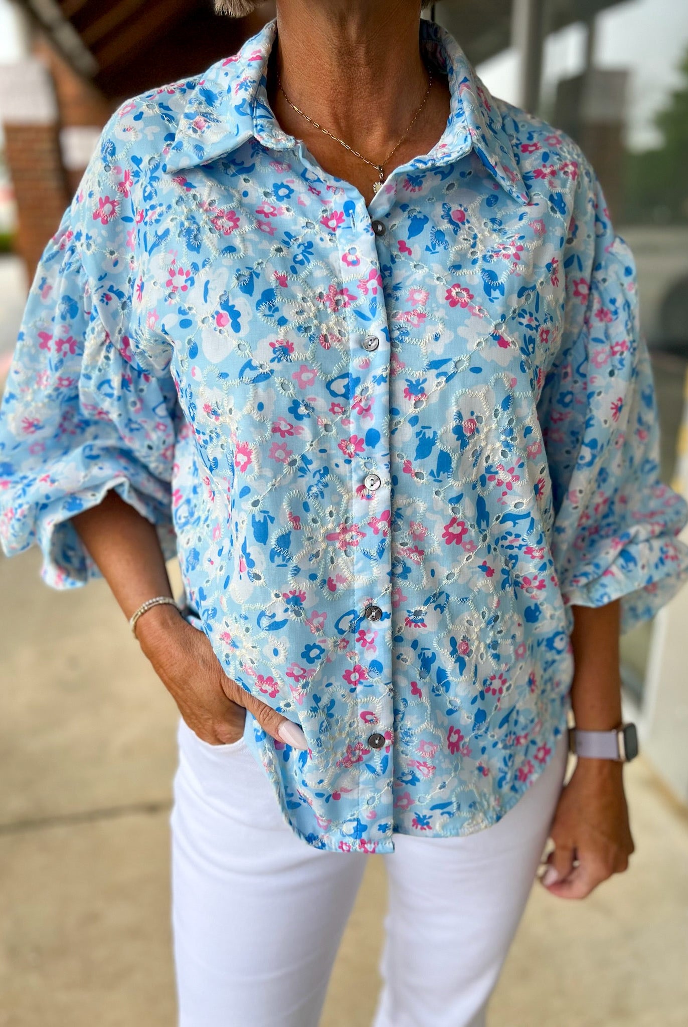 Blue Botanical Print Button Up Top with 3/4 Puff Sleeves - A'Bekah's Boutique