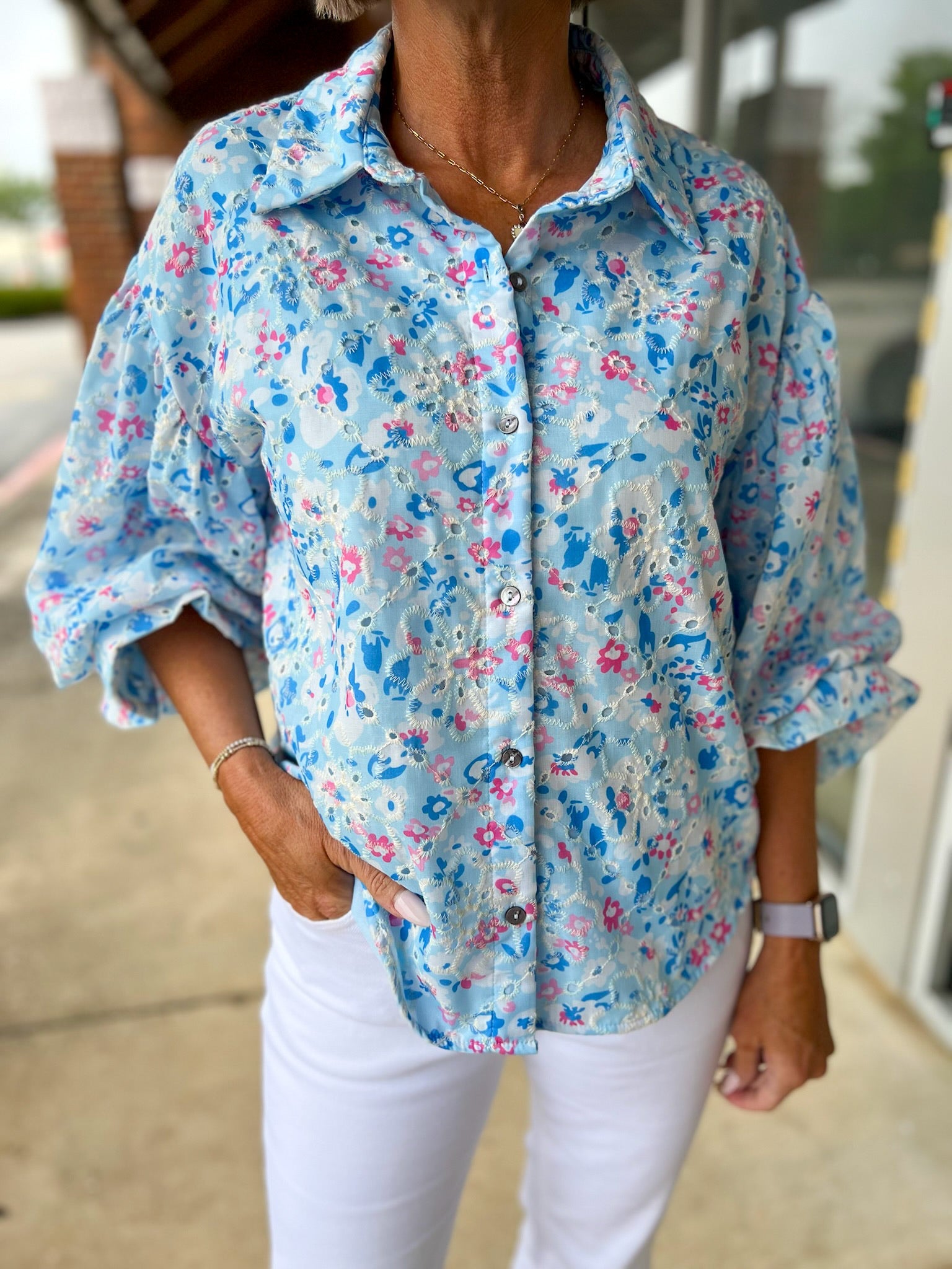 Blue Botanical Print Button Up Top with 3/4 Puff Sleeves - A'Bekah's Boutique