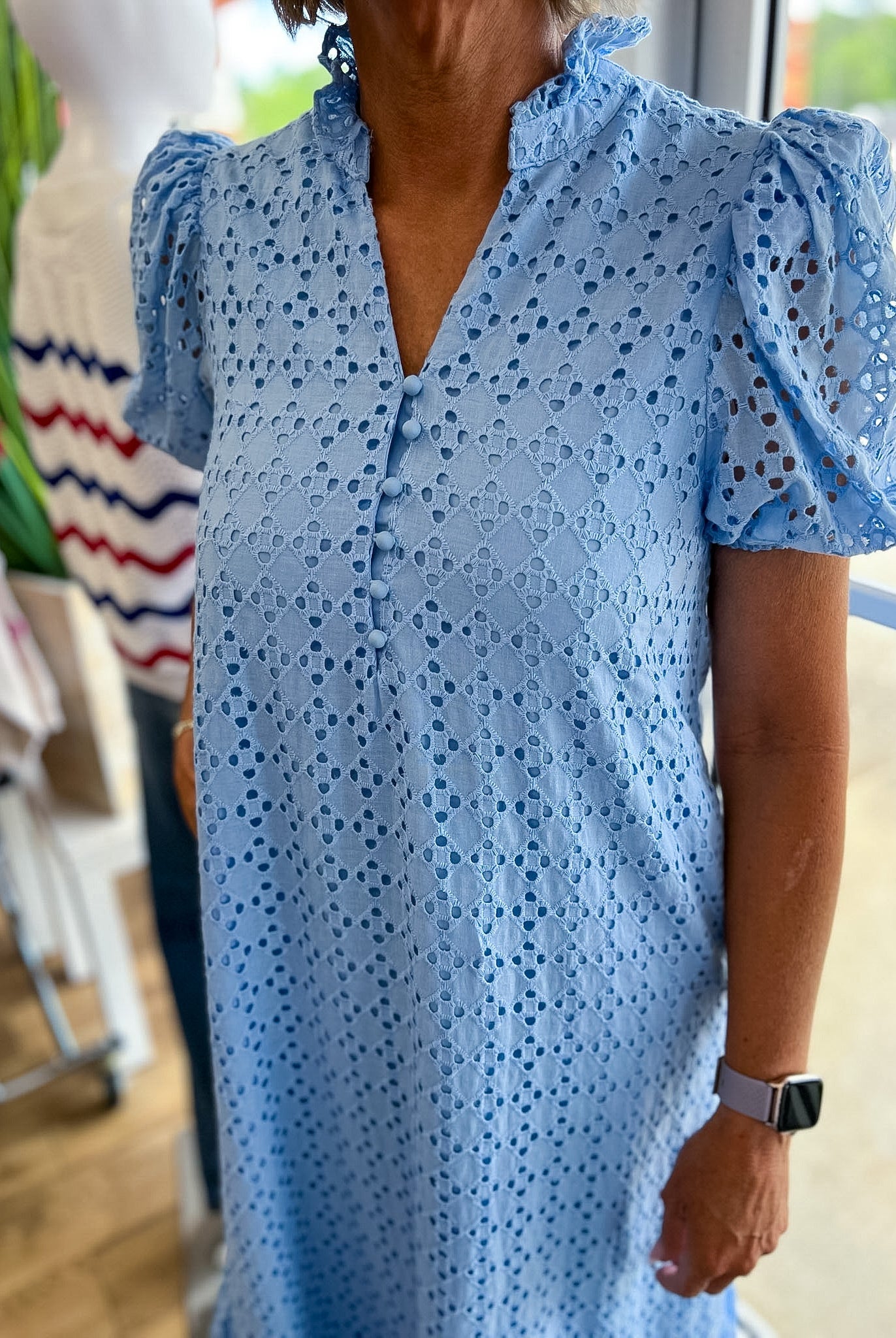 Blue Eyelet Lace V - Neck Midi Dress with Short Puff Sleeves - A'Bekah's Boutique