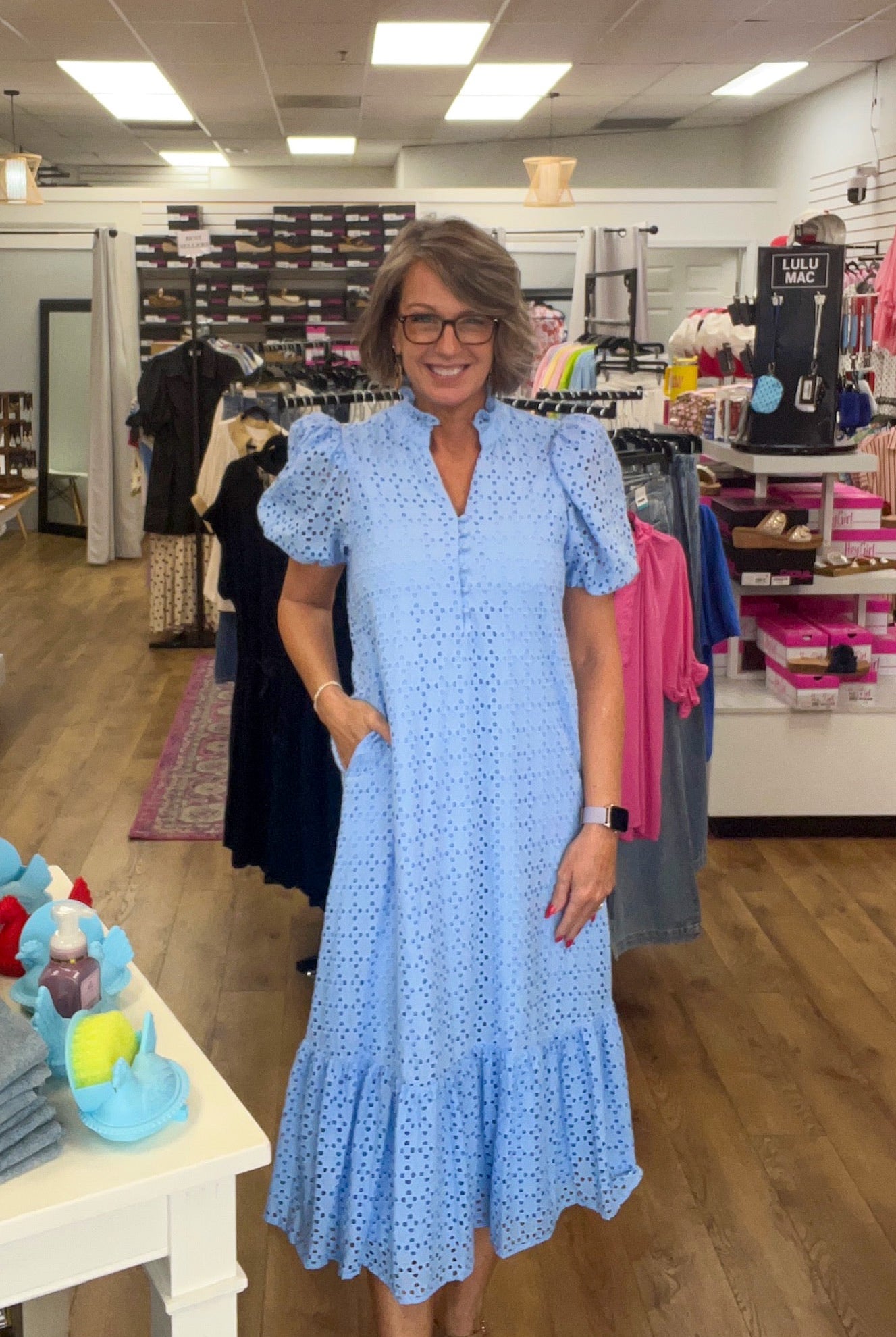Blue Eyelet Lace V - Neck Midi Dress with Short Puff Sleeves - A'Bekah's Boutique