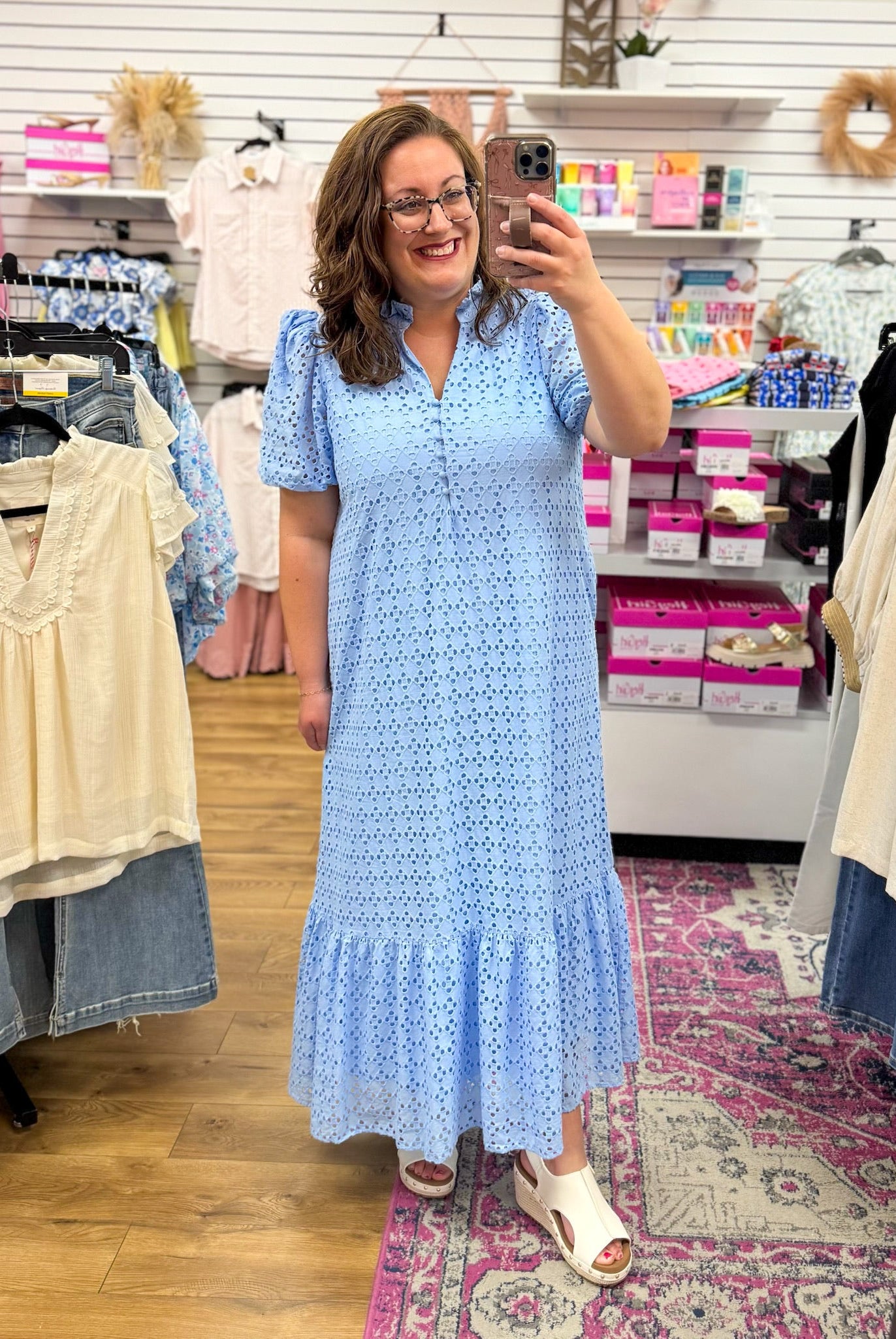 Blue Eyelet Lace V-Neck Midi Dress with Short Puff Sleeves - A'Bekah's Boutique