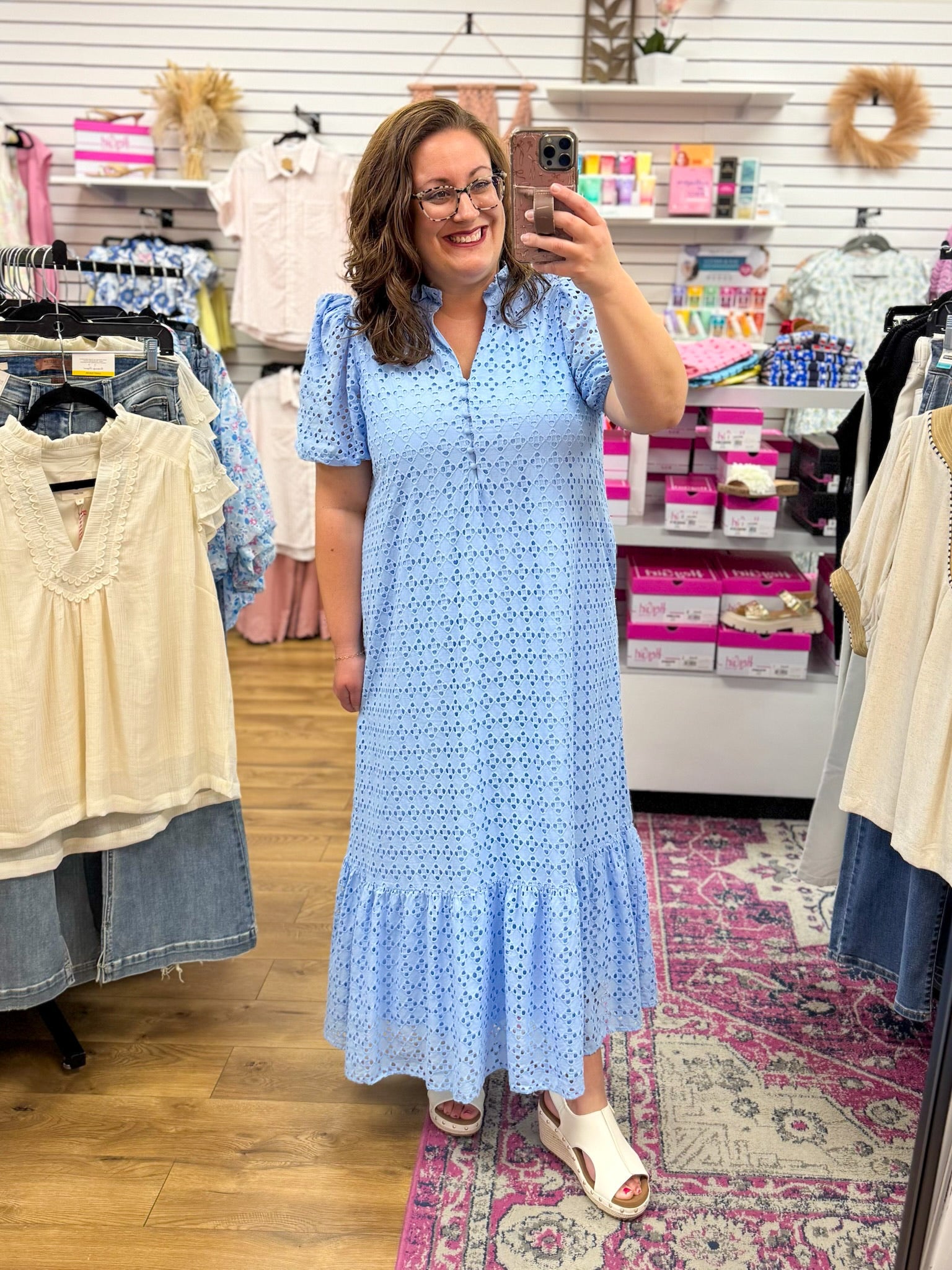 Blue Eyelet Lace V-Neck Midi Dress with Short Puff Sleeves - A'Bekah's Boutique