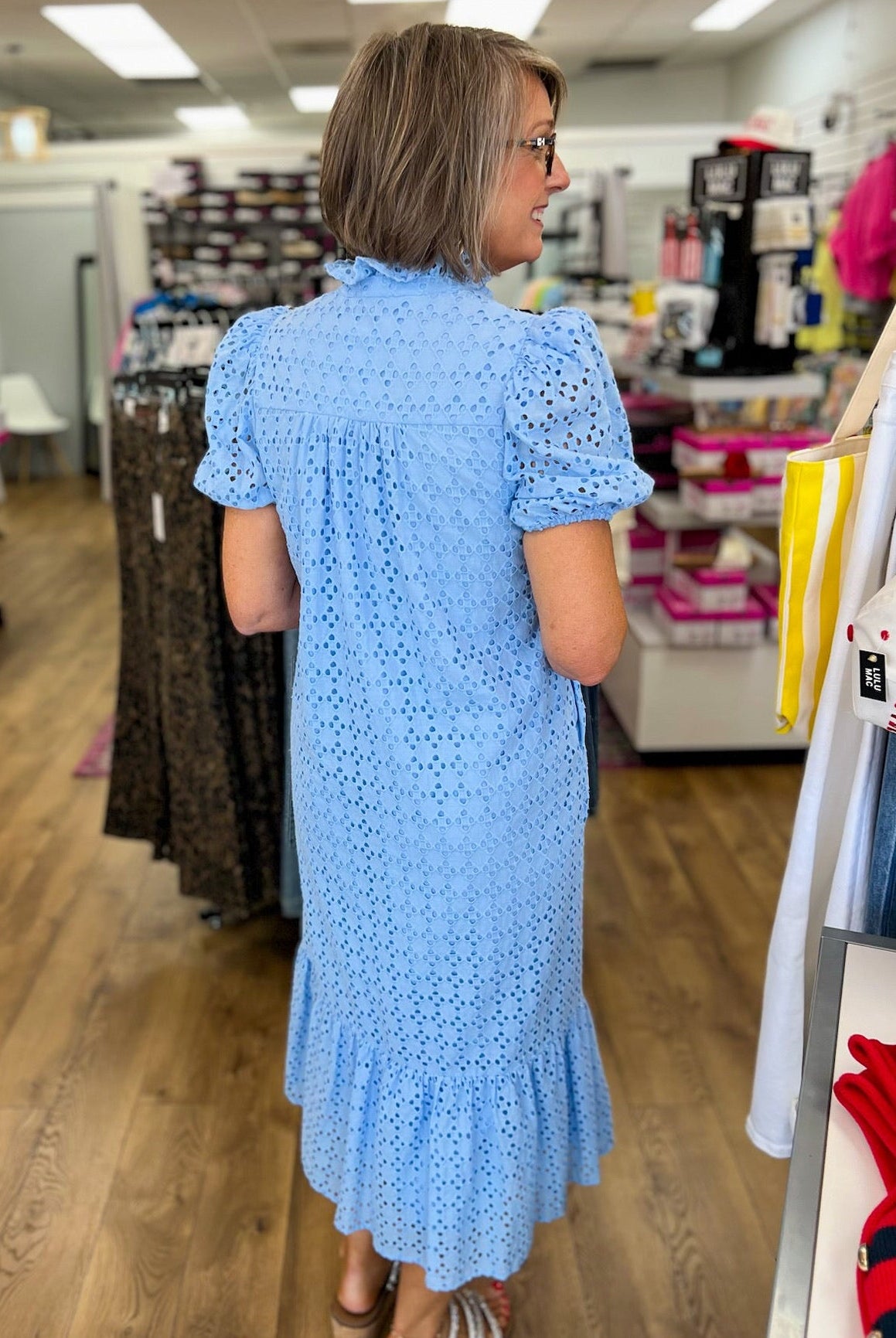 Blue Eyelet Lace V - Neck Midi Dress with Short Puff Sleeves - A'Bekah's Boutique