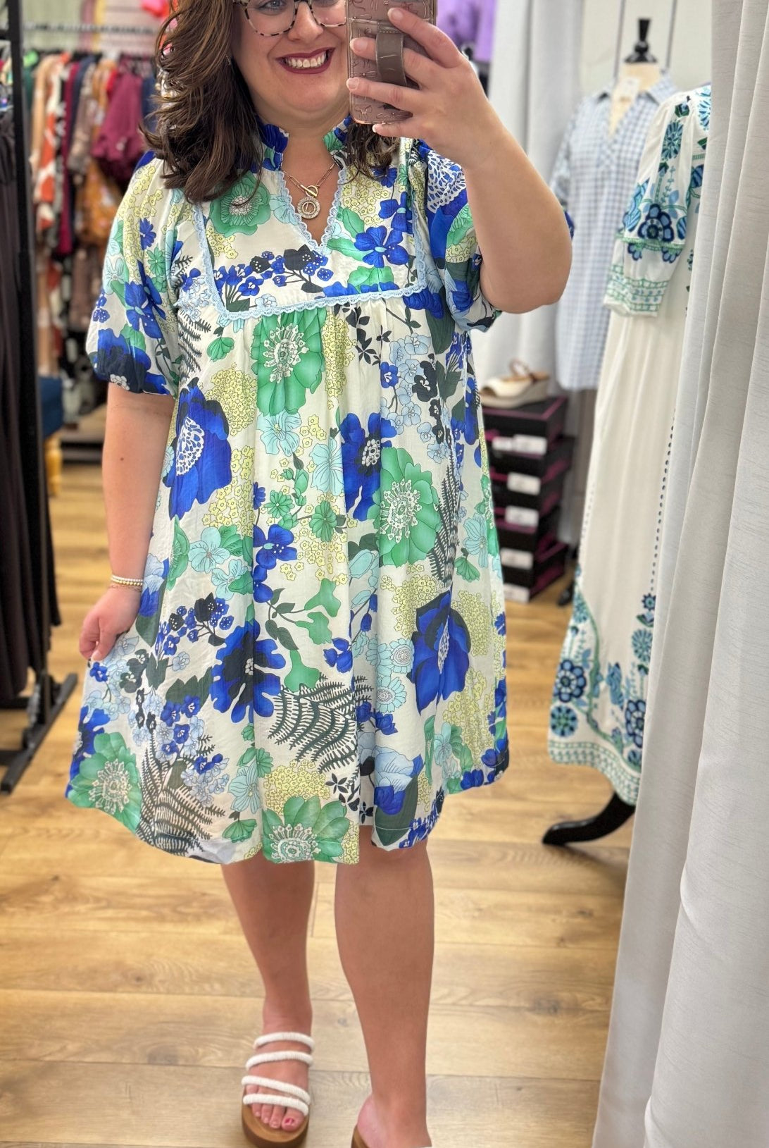 Blue Floral Babydoll Dress with Short Puff Sleeves - A'Bekah's Boutique