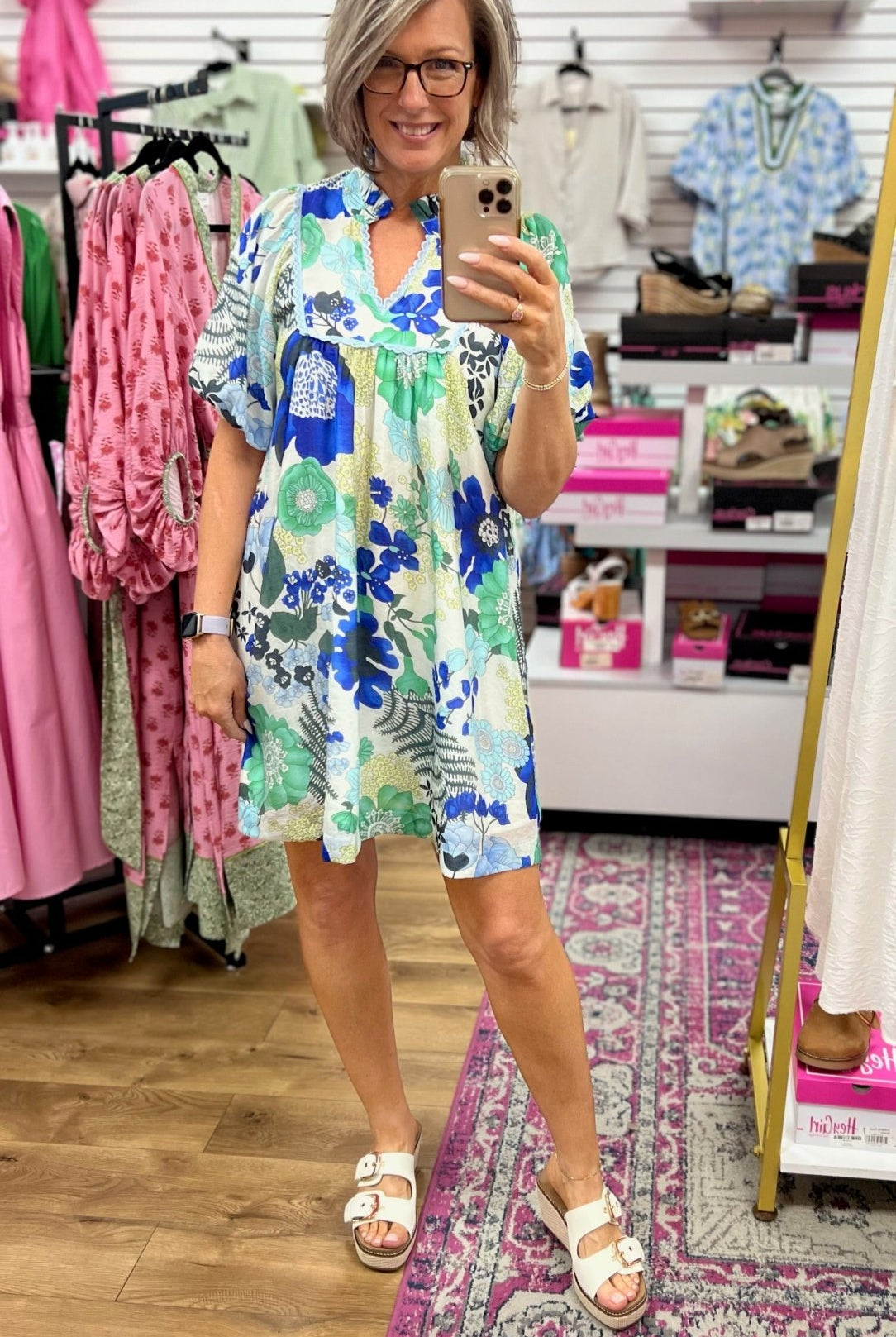 Blue Floral Babydoll Dress with Short Puff Sleeves - A'Bekah's Boutique