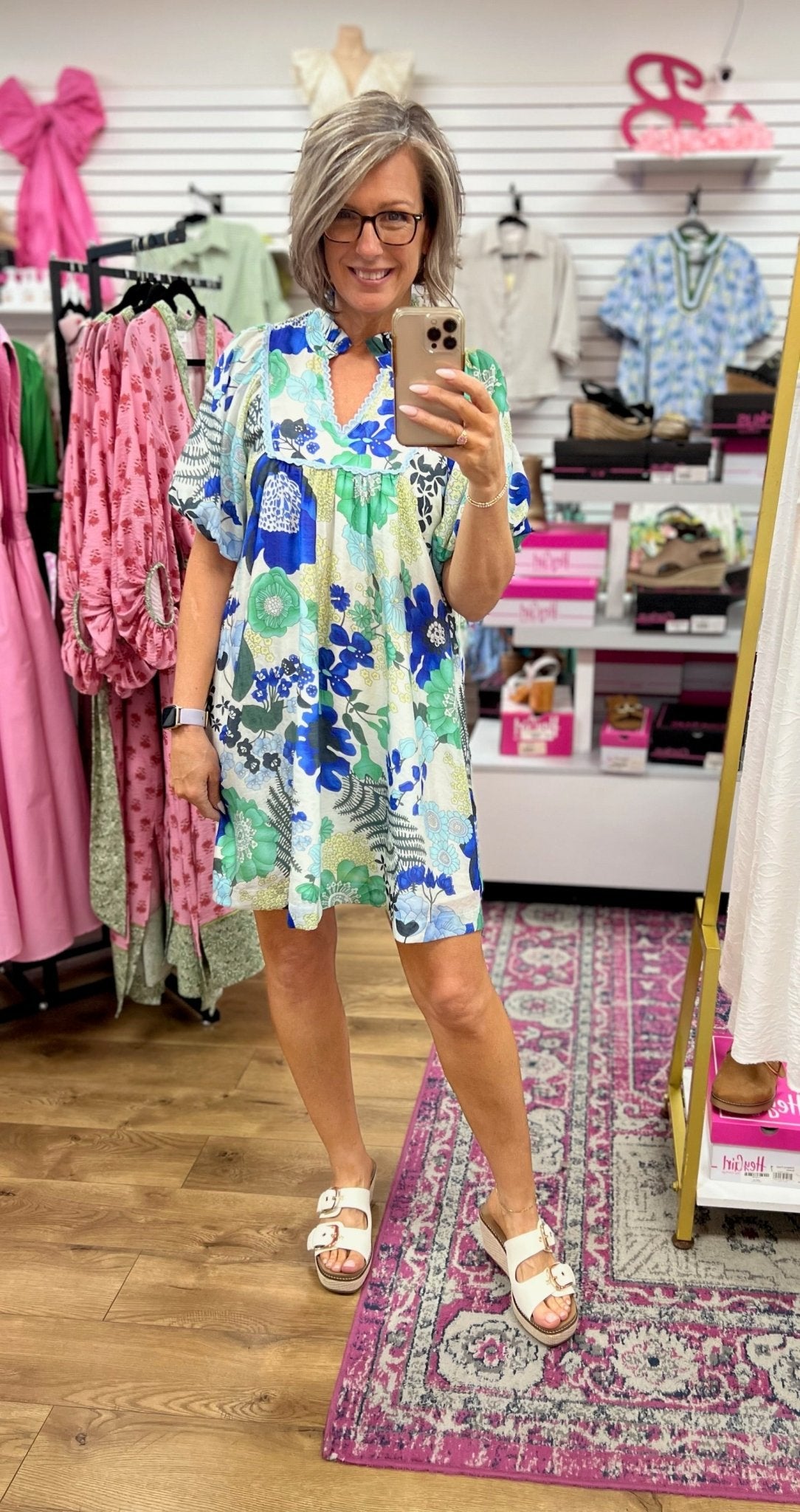 Blue Floral Babydoll Dress with Short Puff Sleeves - A'Bekah's Boutique