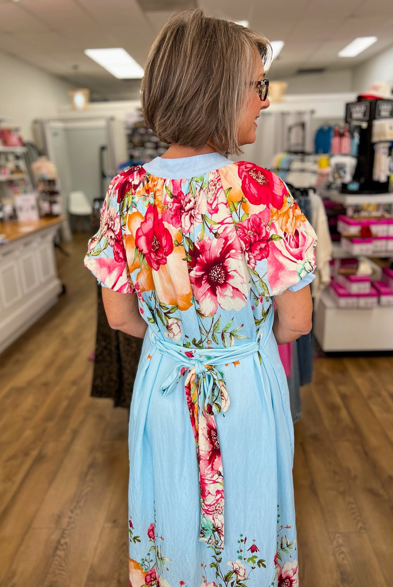 Blue Floral Border Print Midi Dress with Tie Waist - A'Bekah's Boutique