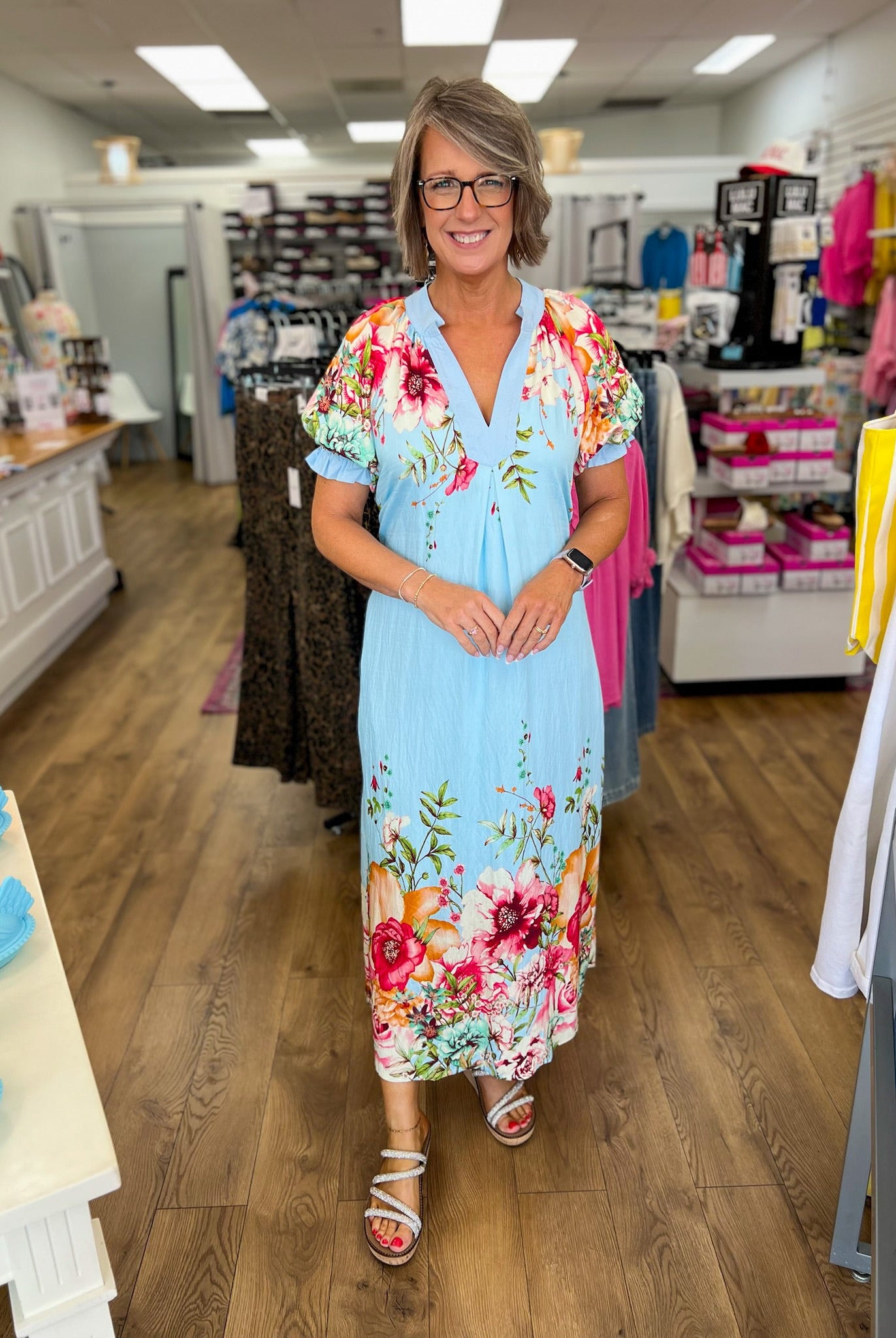 Blue Floral Border Print Midi Dress with Tie Waist - A'Bekah's Boutique