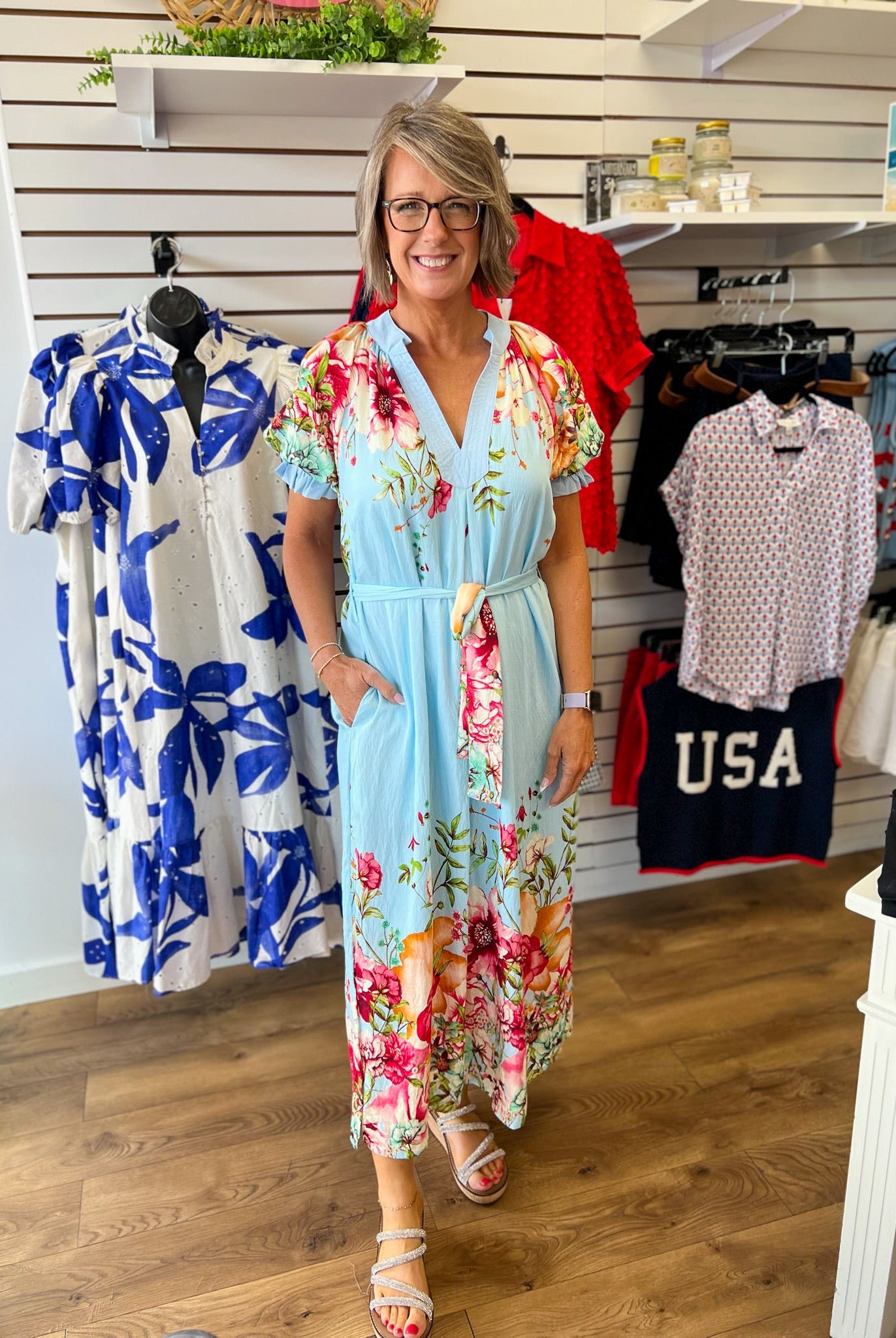 Blue Floral Border Print Midi Dress with Tie Waist - A'Bekah's Boutique