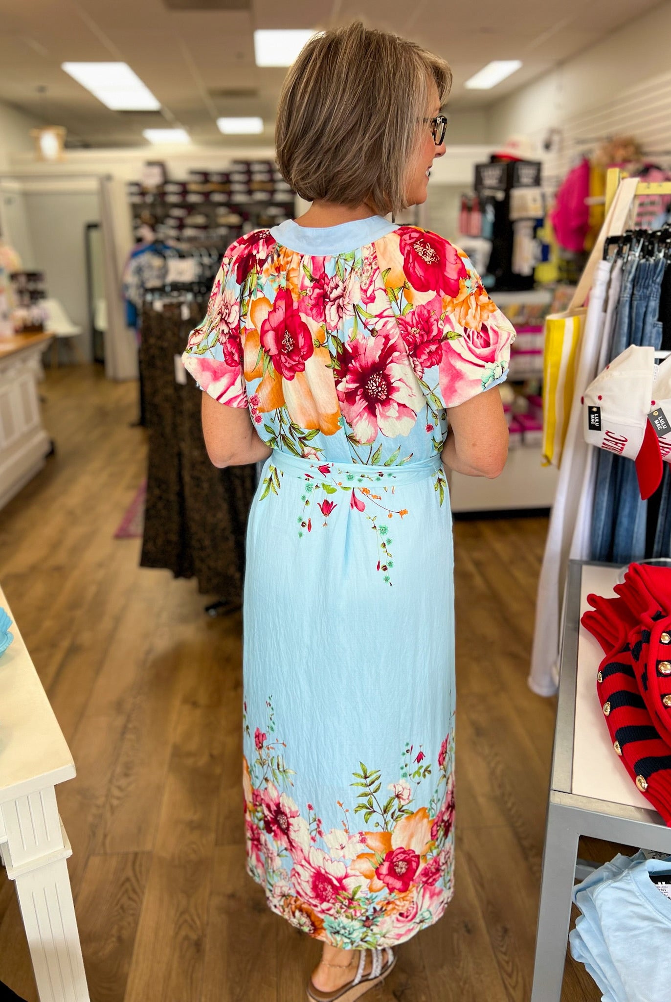 Blue Floral Border Print Midi Dress with Tie Waist - A'Bekah's Boutique