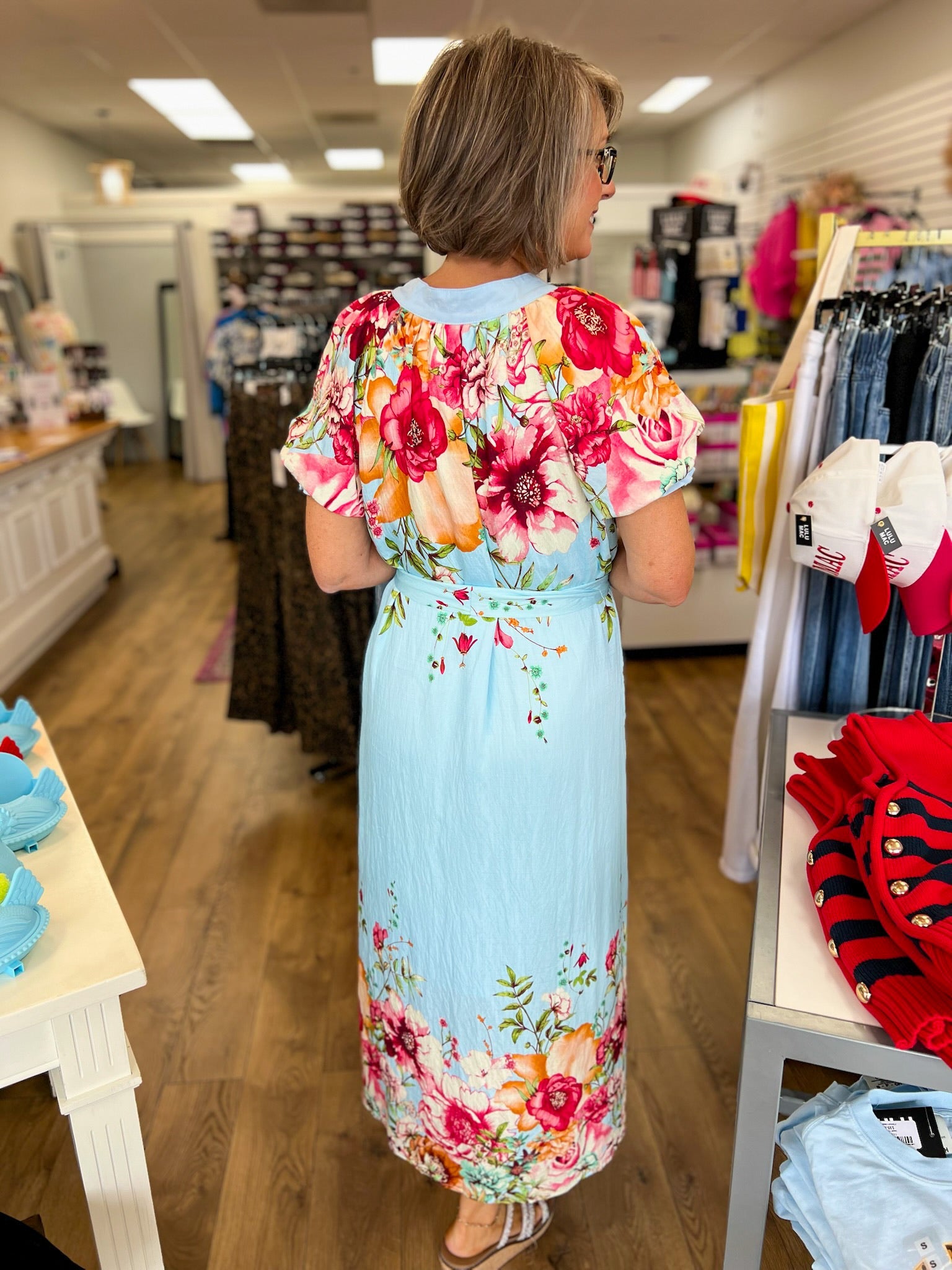 Blue Floral Border Print Midi Dress with Tie Waist - A'Bekah's Boutique