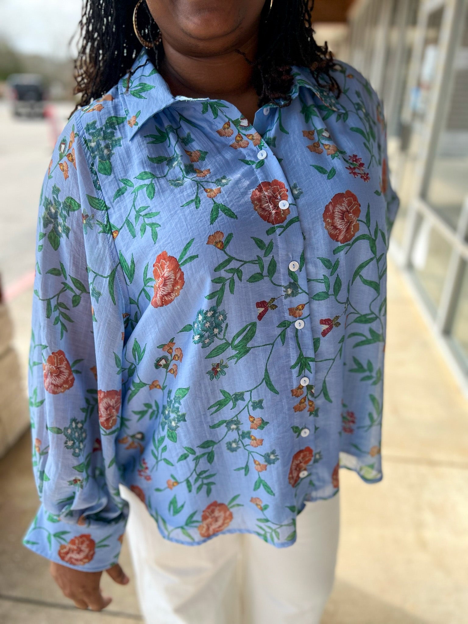 Blue Floral Button Up Long Sleeve Top (C) - A'Bekah's Boutique