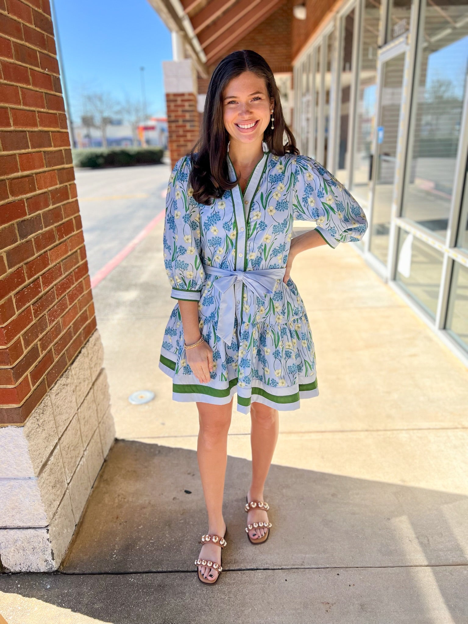 Blue Floral Dress with Tie Waist - A'Bekah's Boutique