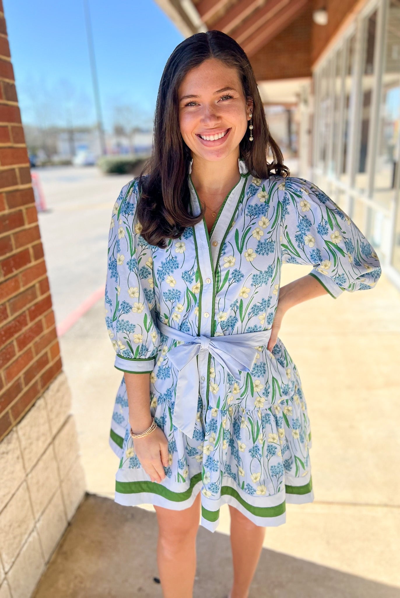 Blue Floral Dress with Tie Waist - A'Bekah's Boutique