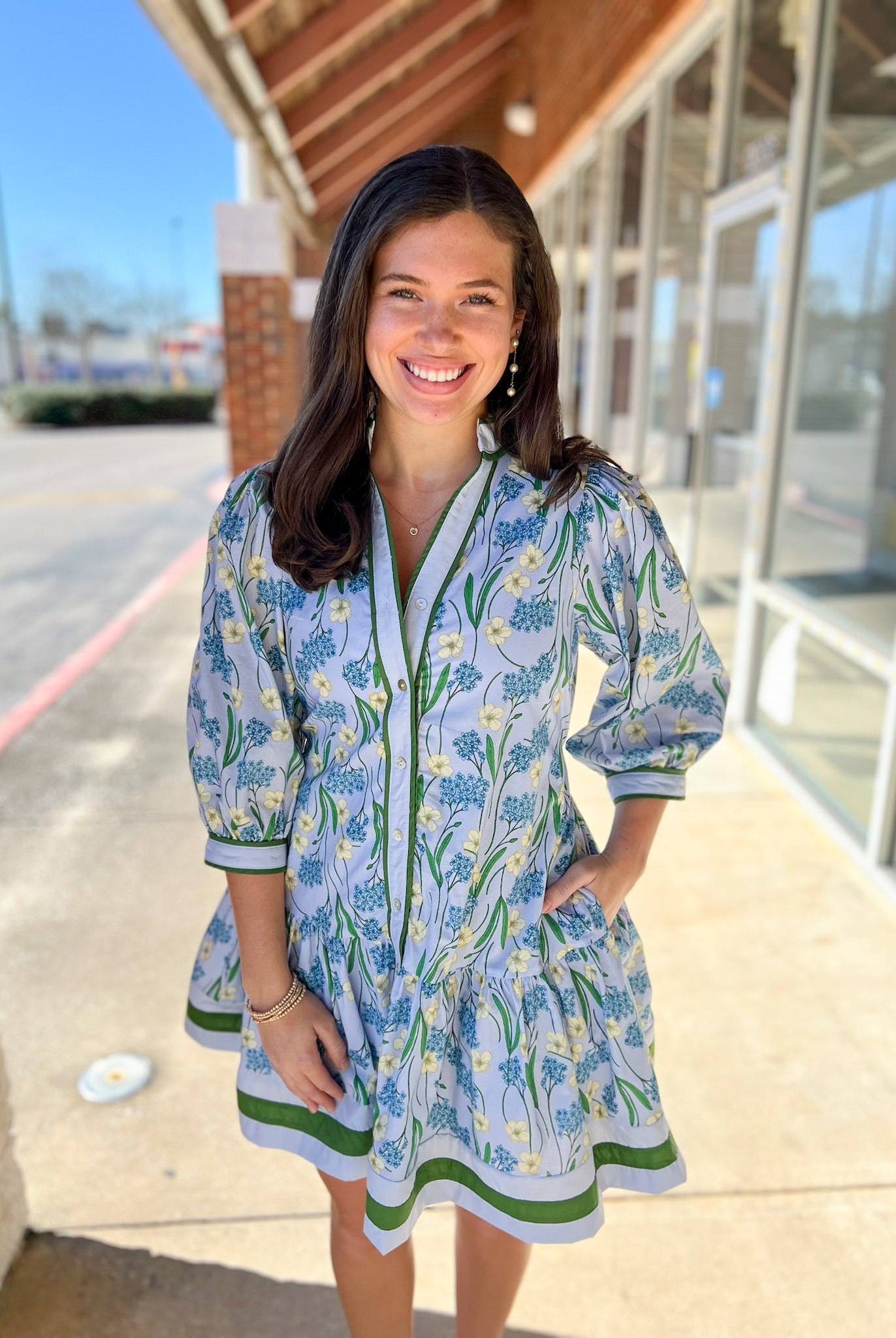 Blue Floral Dress with Tie Waist - A'Bekah's Boutique