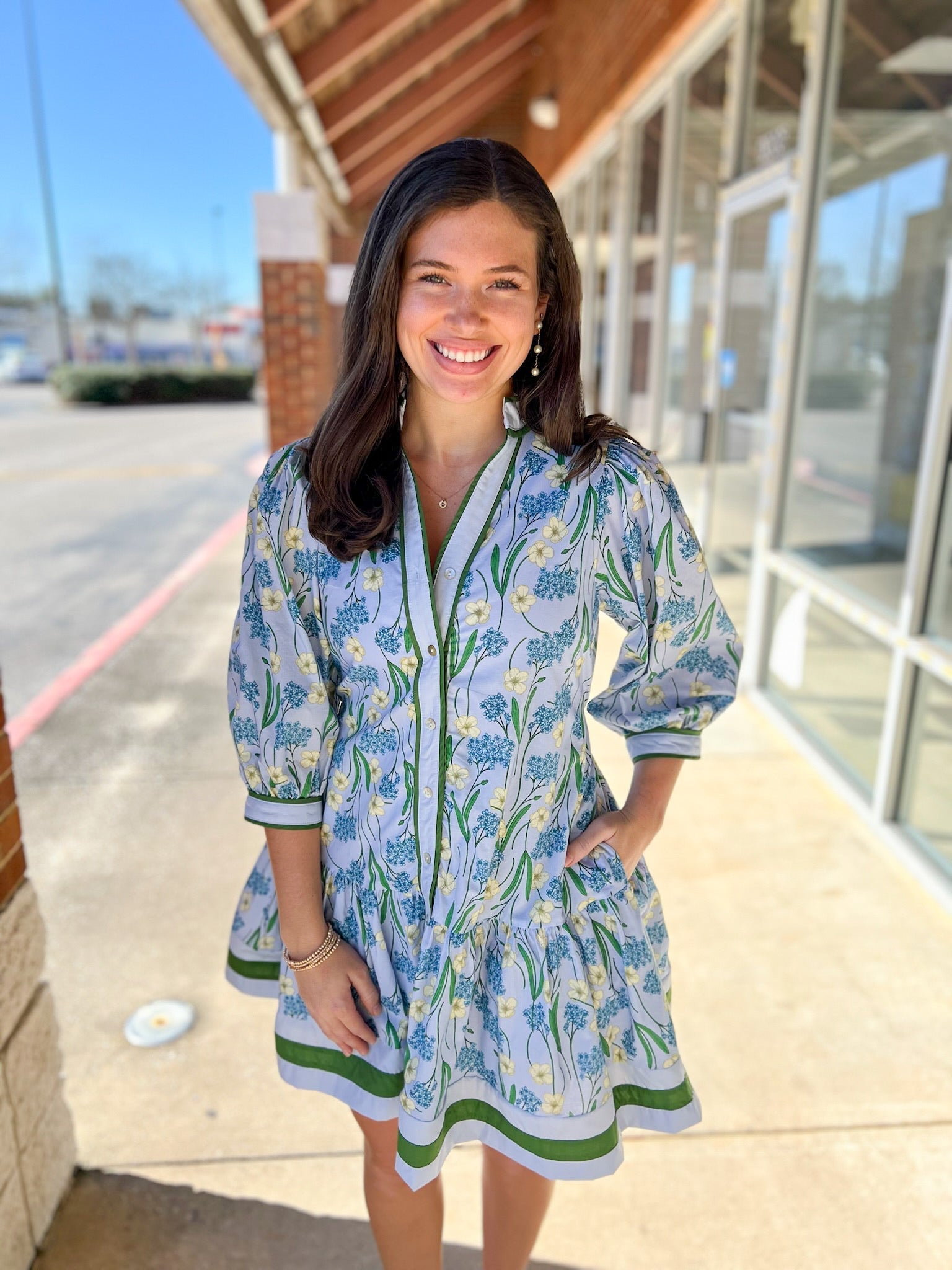 Blue Floral Dress with Tie Waist - A'Bekah's Boutique