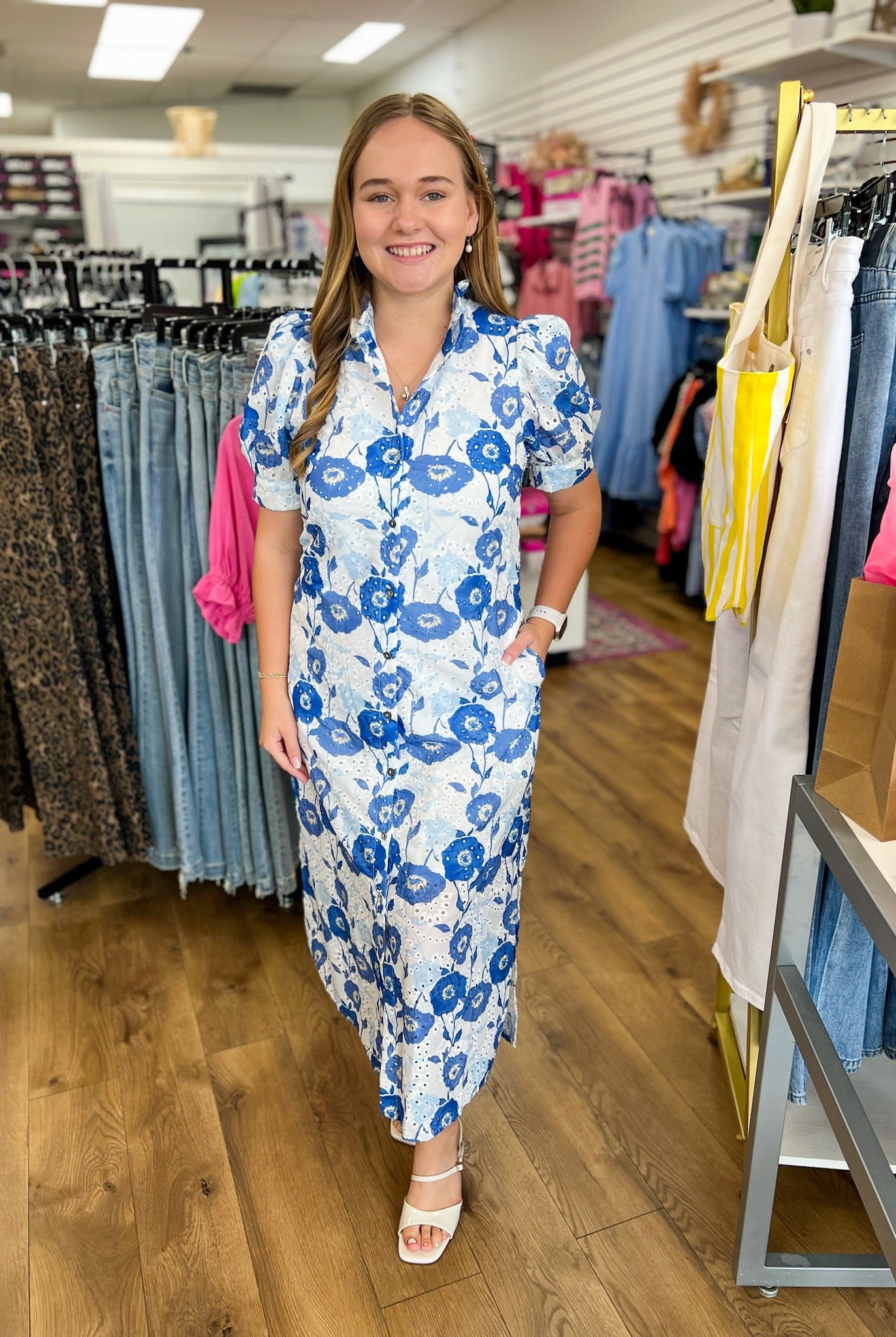 Blue Floral Eyelet Midi Dress with Short Puff Sleeves - A'Bekah's Boutique