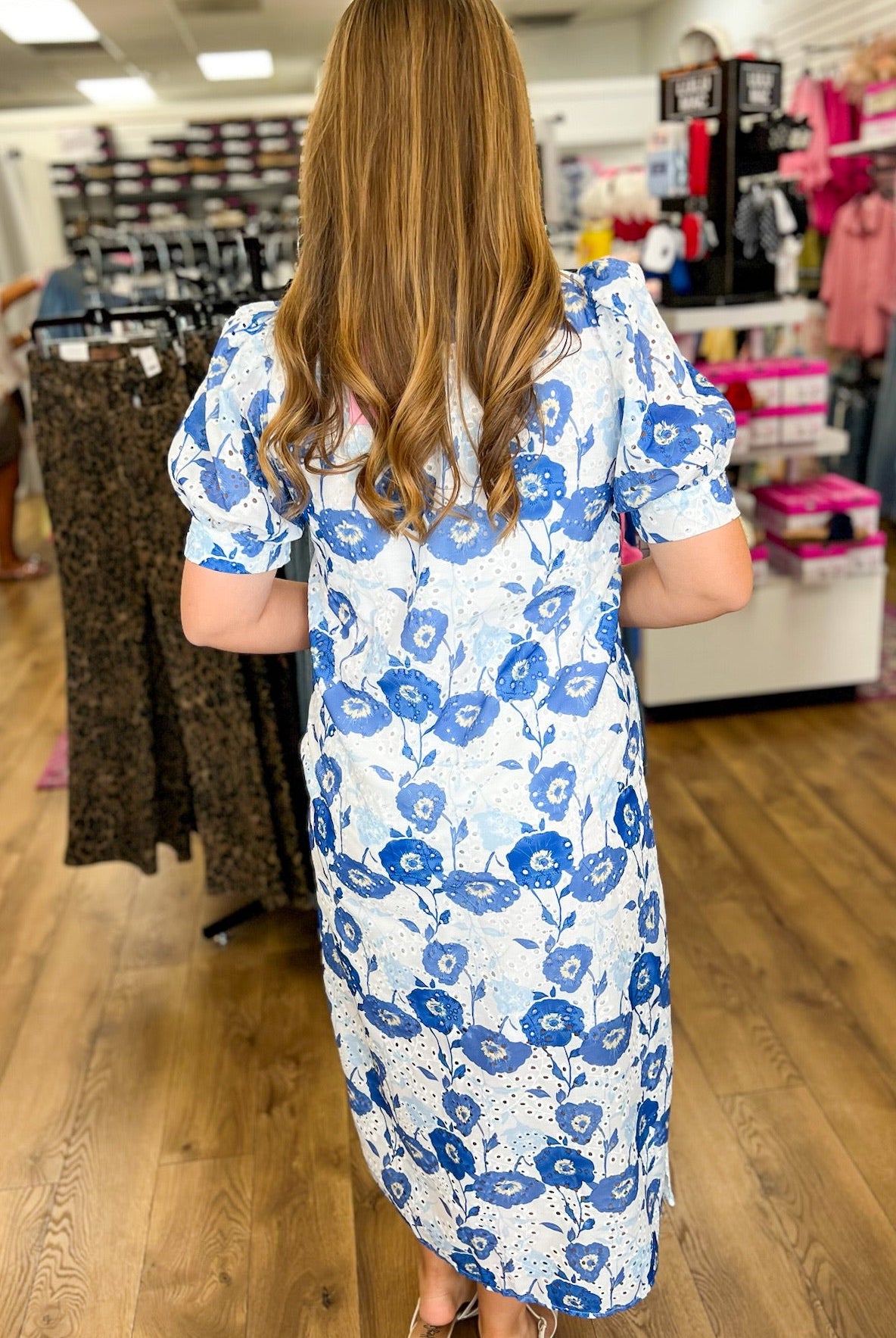 Blue Floral Eyelet Midi Dress with Short Puff Sleeves - A'Bekah's Boutique