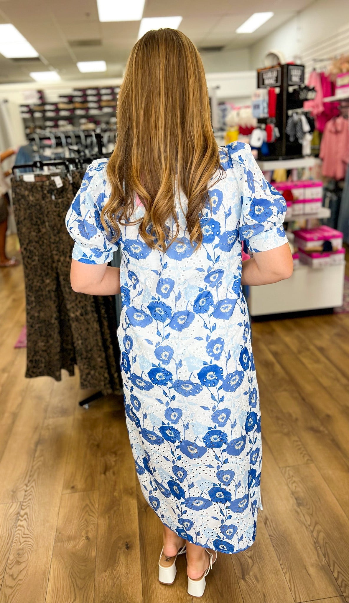 Blue Floral Eyelet Midi Dress with Short Puff Sleeves - A'Bekah's Boutique