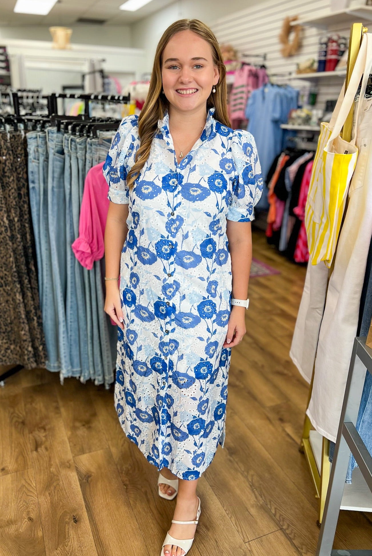 Blue Floral Eyelet Midi Dress with Short Puff Sleeves - A'Bekah's Boutique
