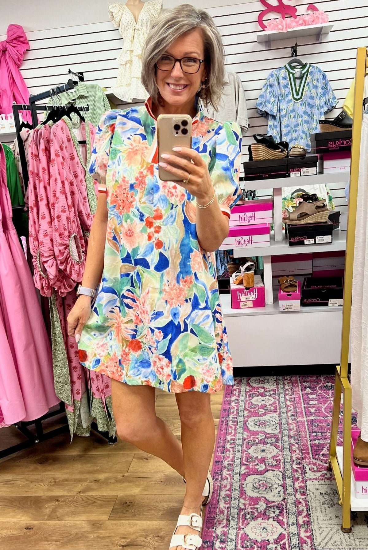 Blue Floral Jacquard Print V - Neck Dress with Short Puff Sleeves - A'Bekah's Boutique