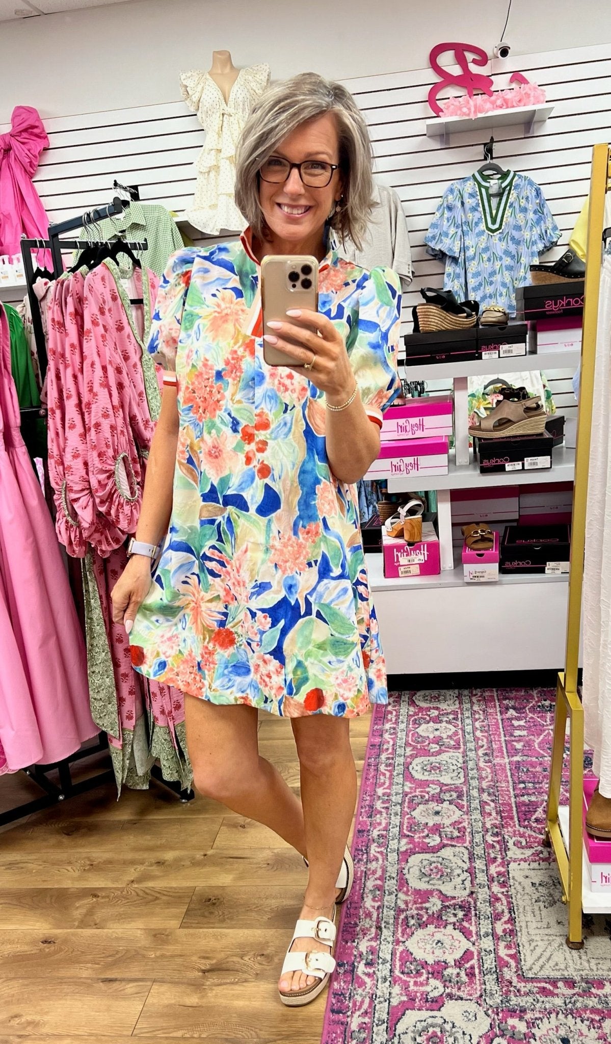 Blue Floral Jacquard Print V - Neck Dress with Short Puff Sleeves - A'Bekah's Boutique