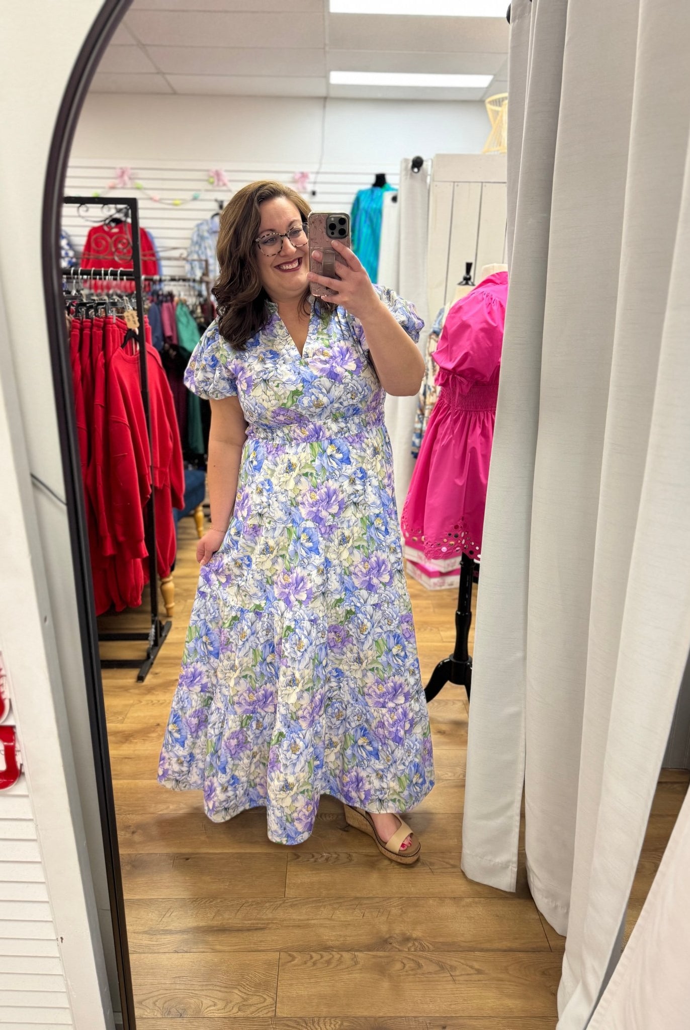 Blue Floral Maxi Dress with Short Puff Sleeves (C) - A'Bekah's Boutique