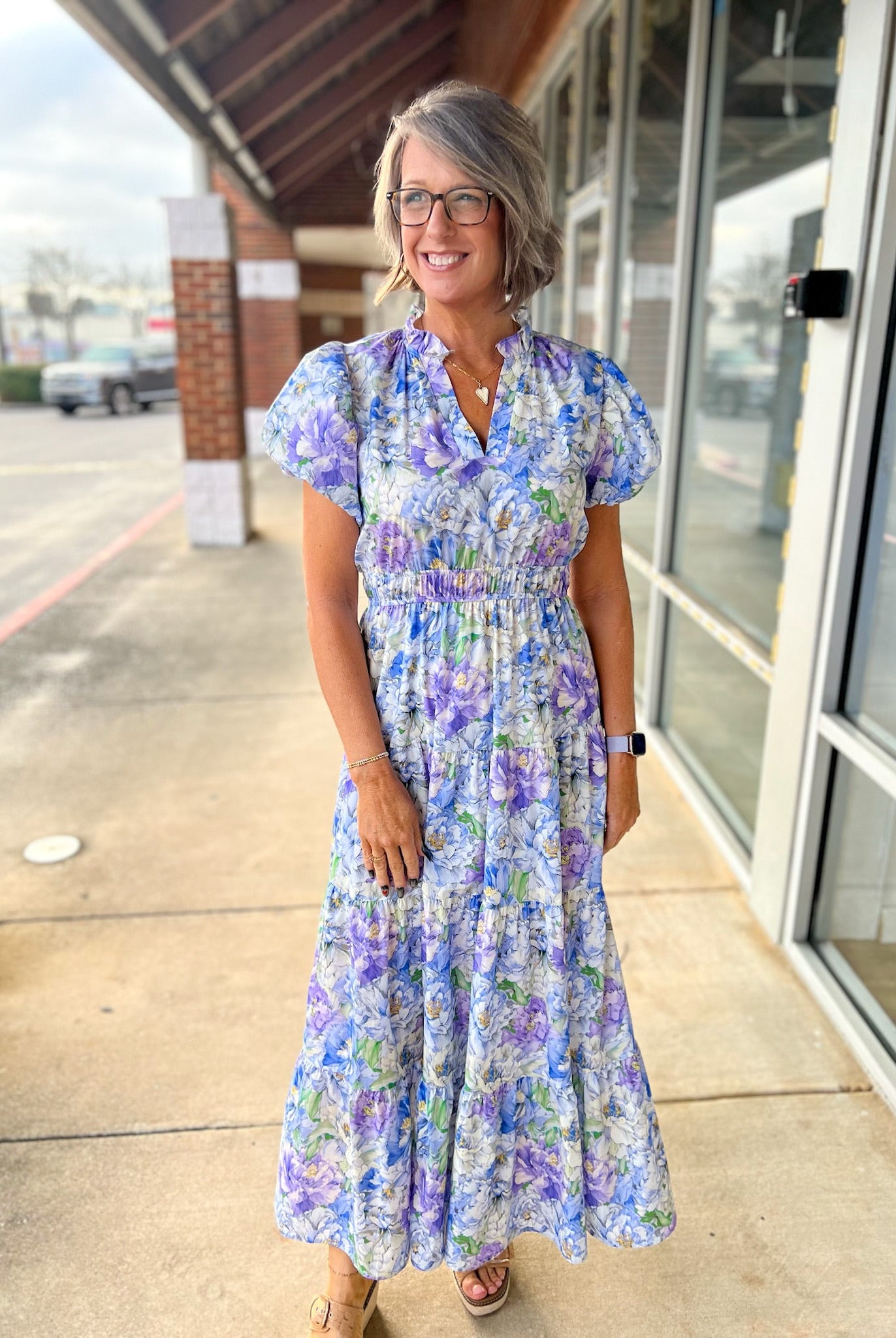 Blue Floral Maxi Dress with Short Puff Sleeves (C) - A'Bekah's Boutique