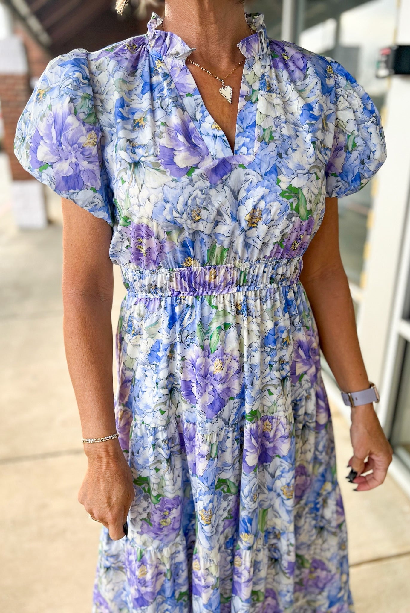 Blue Floral Maxi Dress with Short Puff Sleeves (R) - A'Bekah's Boutique