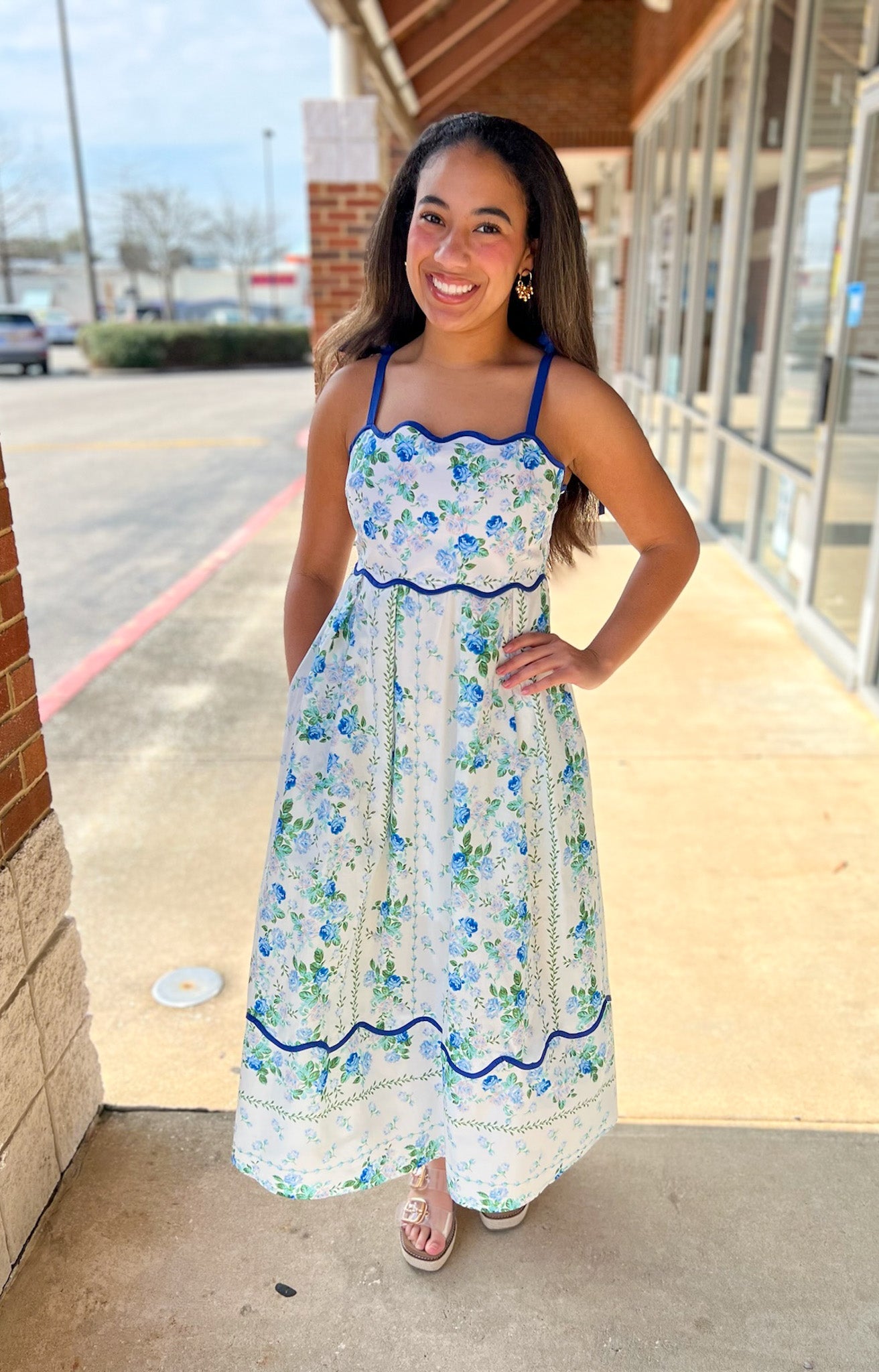 Blue Floral Midi Dress with Scalloped Trim and Tie Shoulders - A'Bekah's Boutique