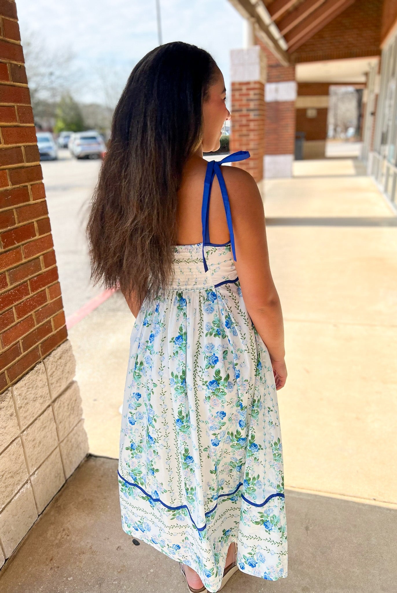 Blue Floral Midi Dress with Scalloped Trim and Tie Shoulders - A'Bekah's Boutique