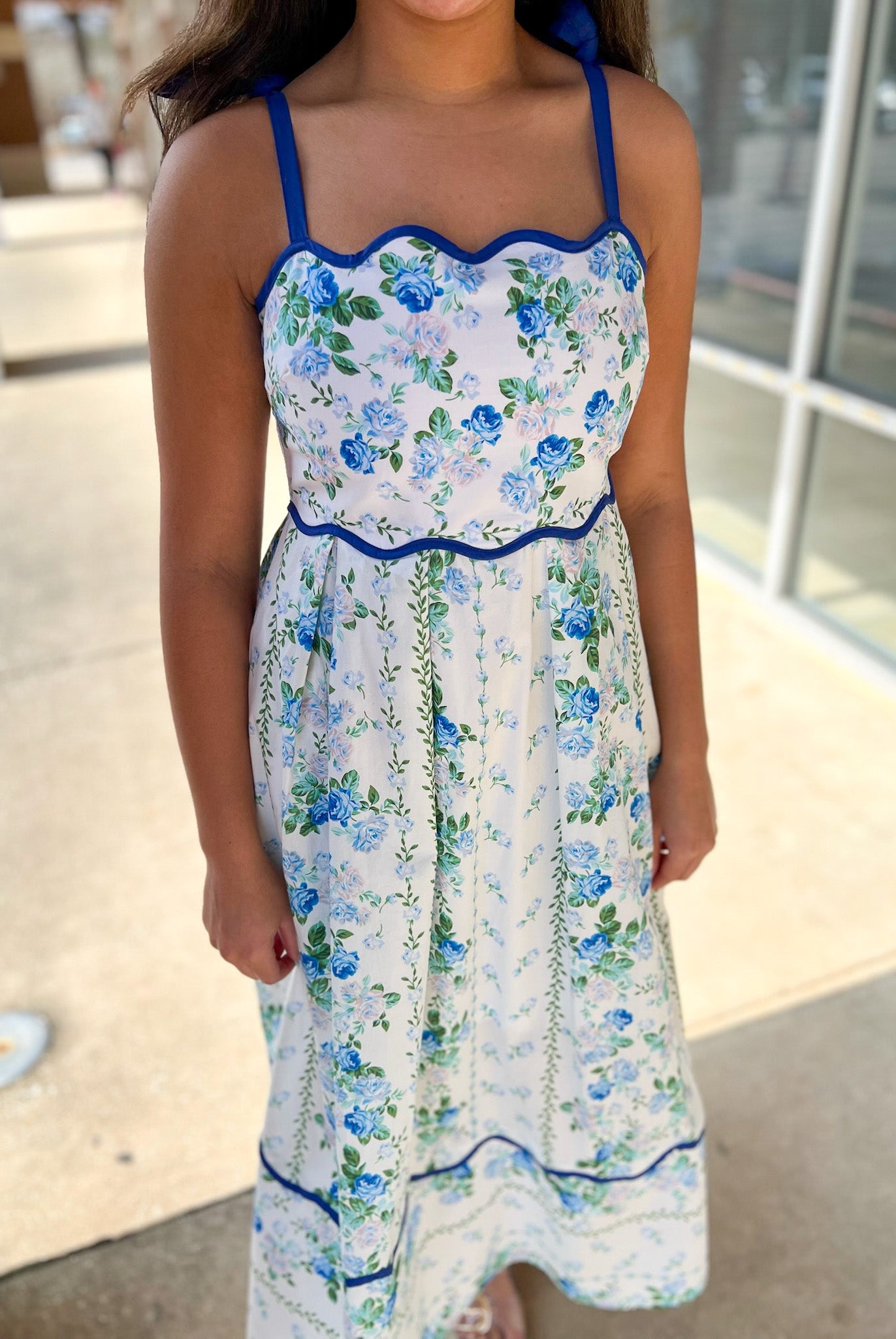 Blue Floral Midi Dress with Scalloped Trim and Tie Shoulders - A'Bekah's Boutique