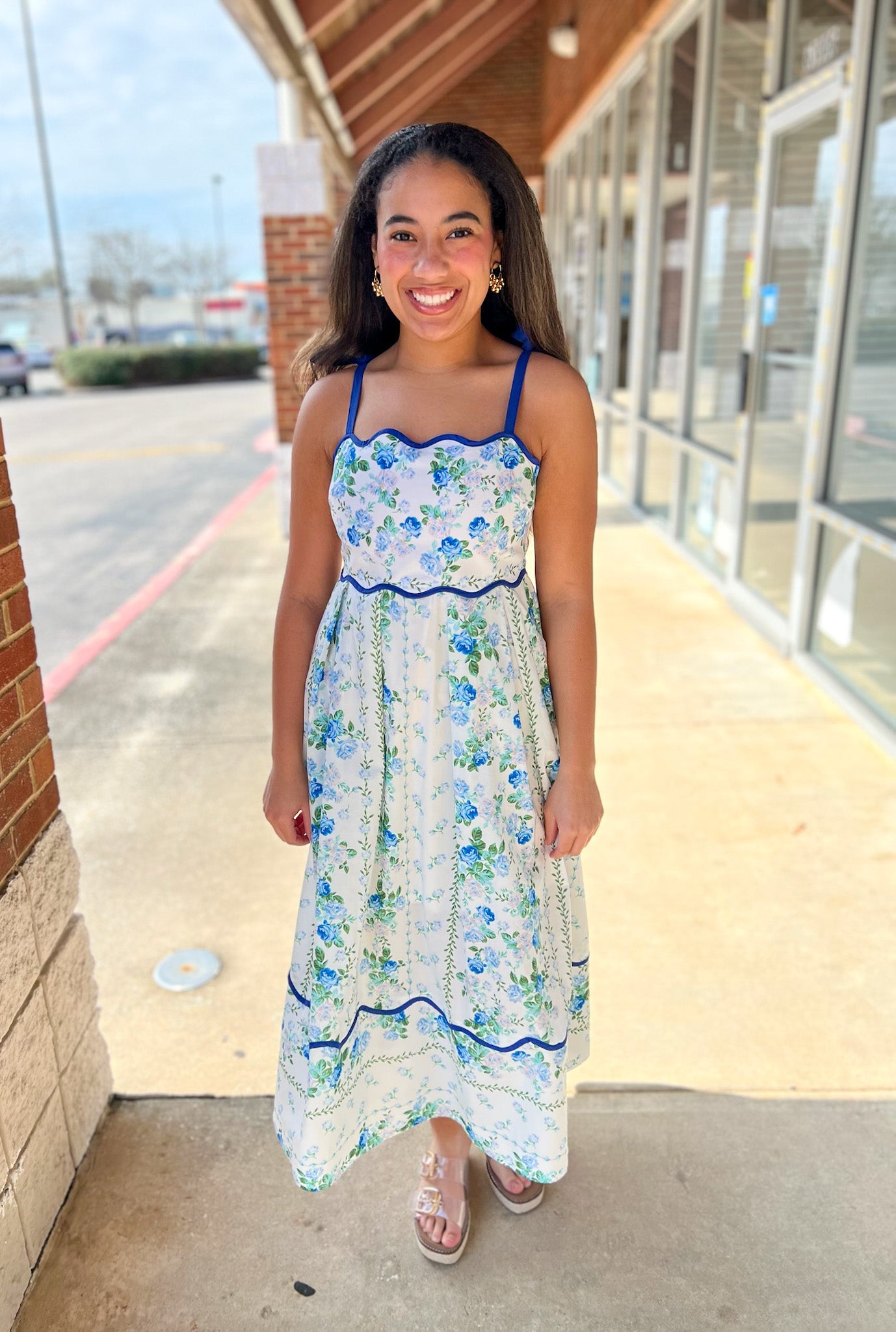 Blue Floral Midi Dress with Scalloped Trim and Tie Shoulders - A'Bekah's Boutique
