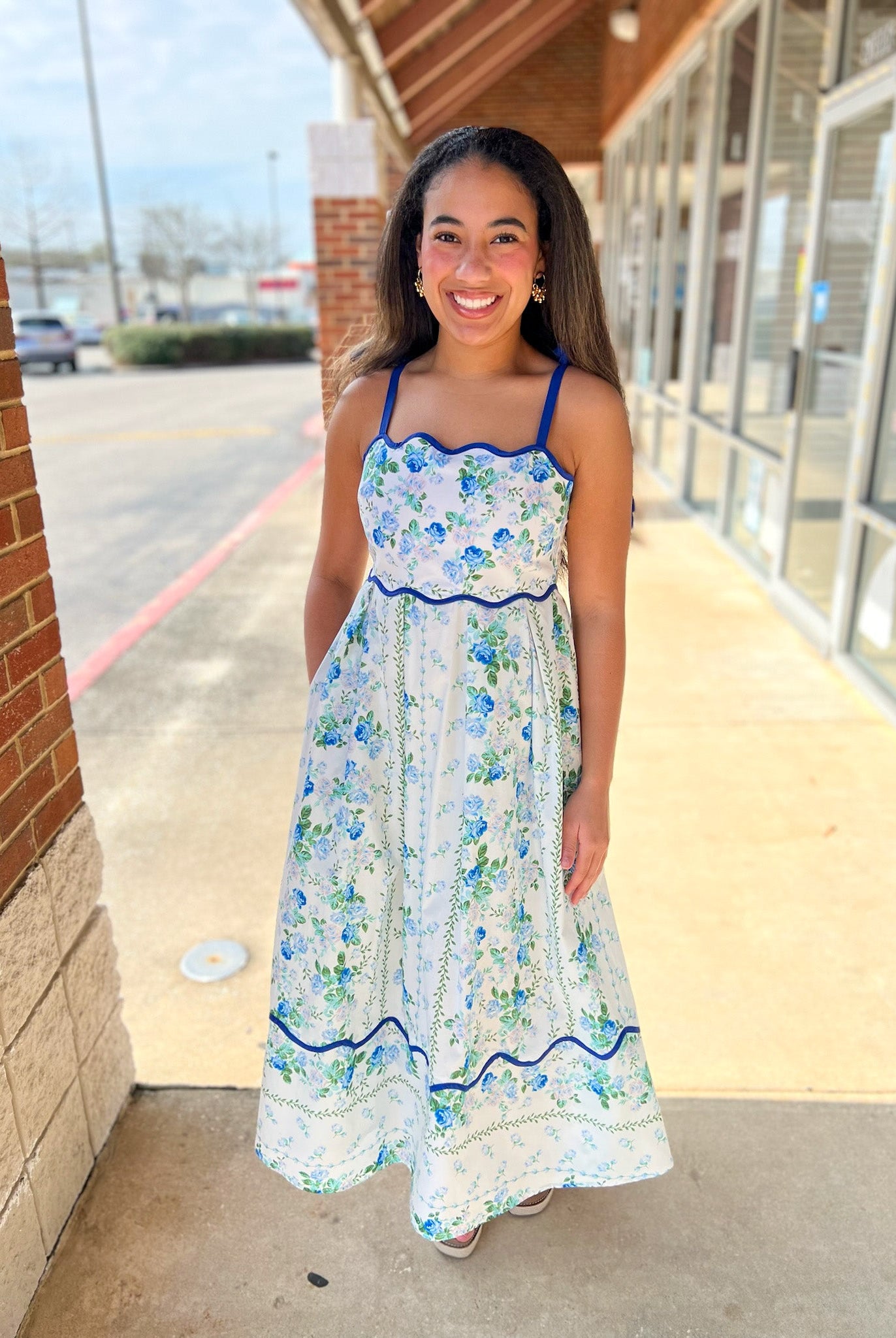 Blue Floral Midi Dress with Scalloped Trim and Tie Shoulders - A'Bekah's Boutique