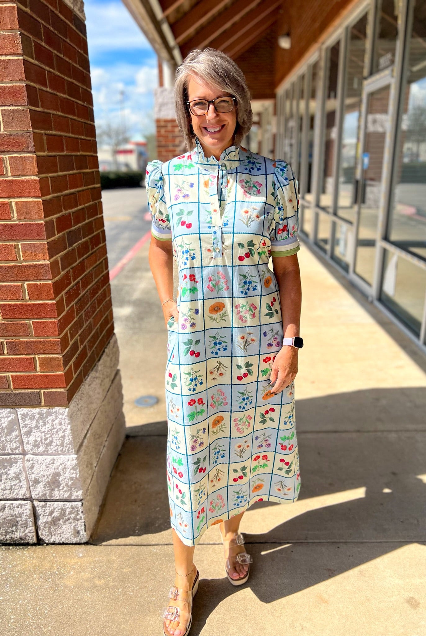 Blue Floral Midi Dress with Short Puff Sleeves and Self - Tie Waist - A'Bekah's Boutique