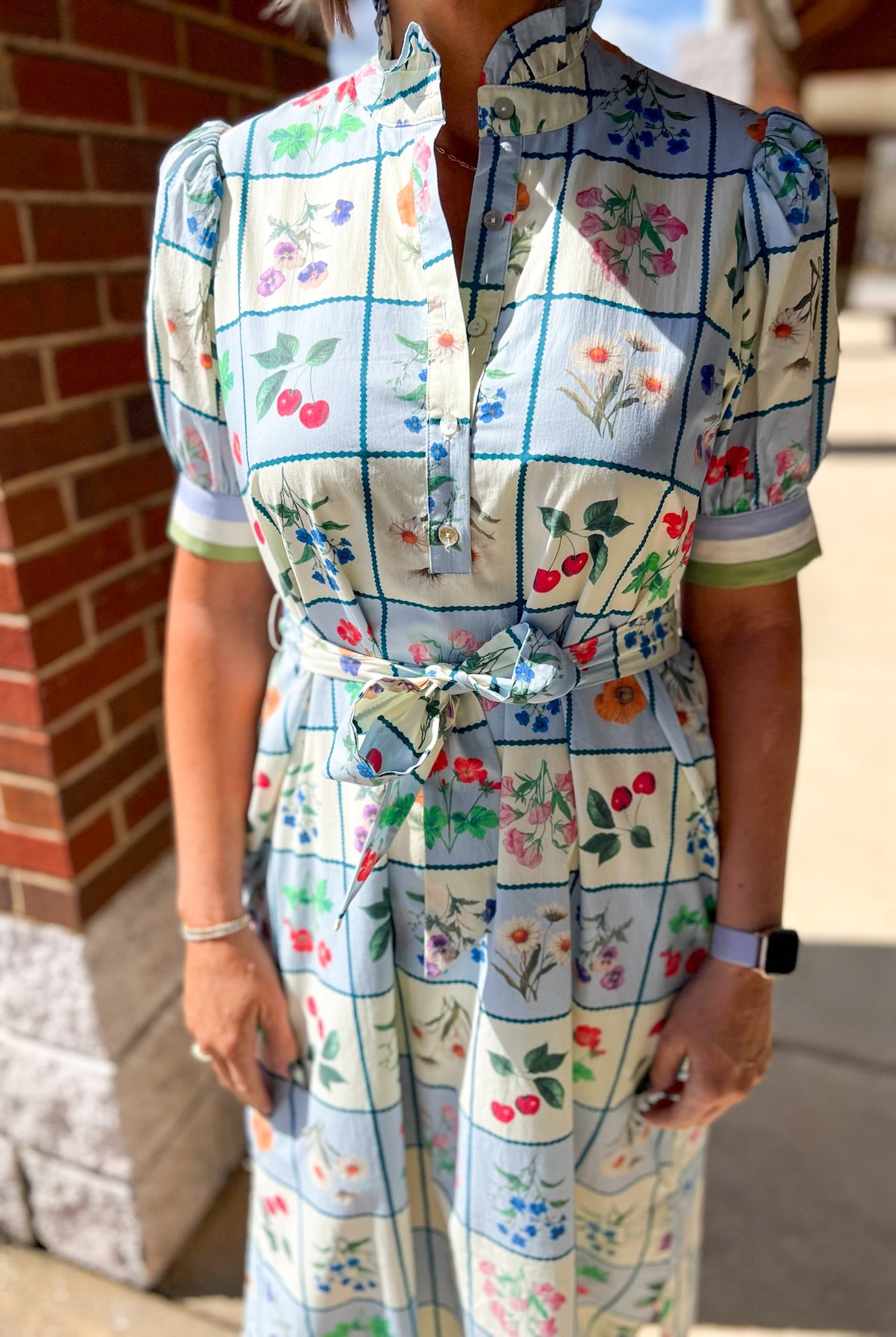 Blue Floral Midi Dress with Short Puff Sleeves and Self - Tie Waist - A'Bekah's Boutique