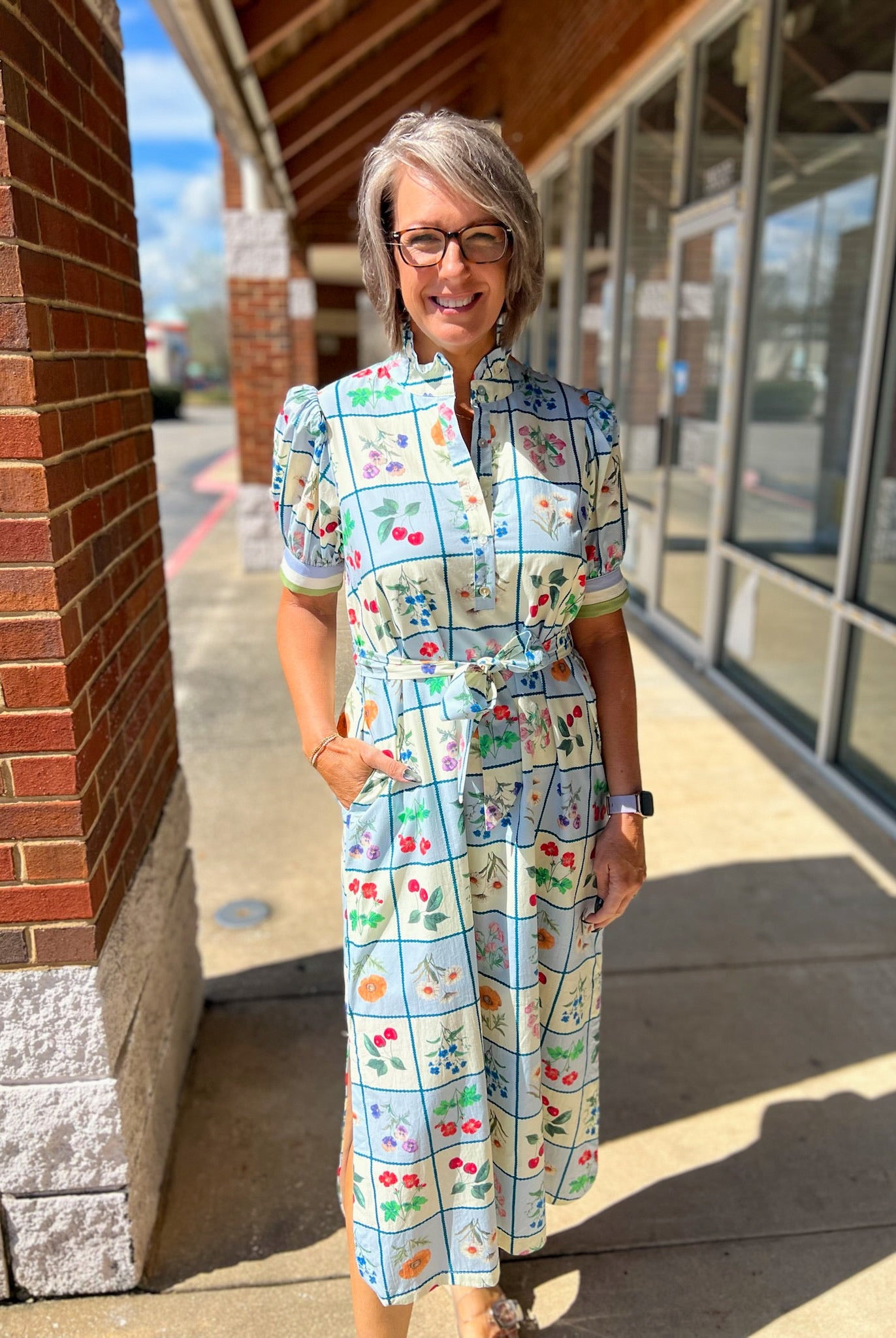 Blue Floral Midi Dress with Short Puff Sleeves and Self - Tie Waist - A'Bekah's Boutique