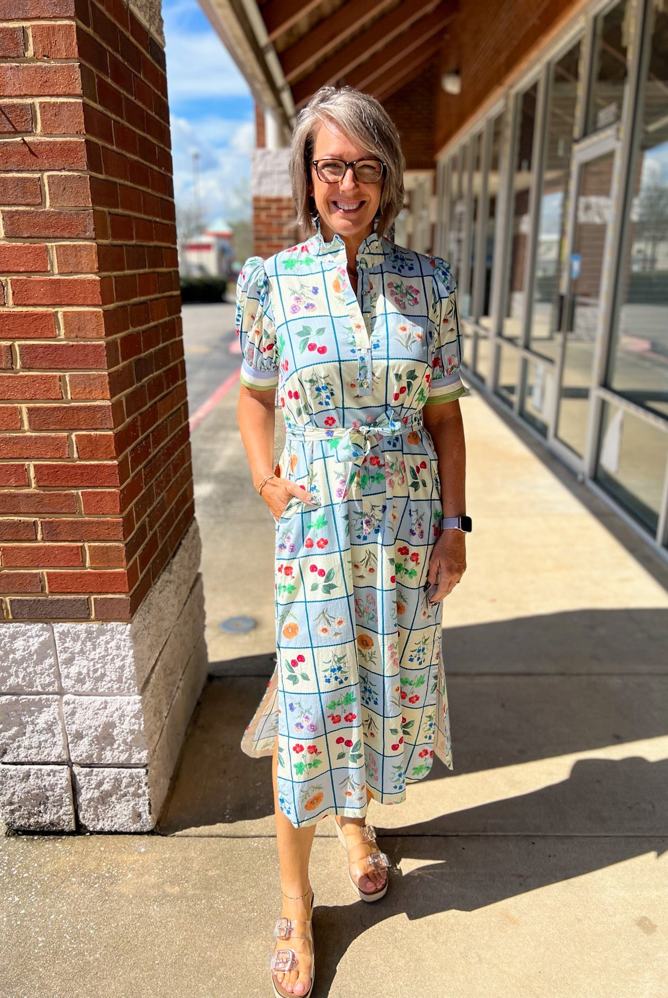 Blue Floral Midi Dress with Short Puff Sleeves and Self - Tie Waist - A'Bekah's Boutique