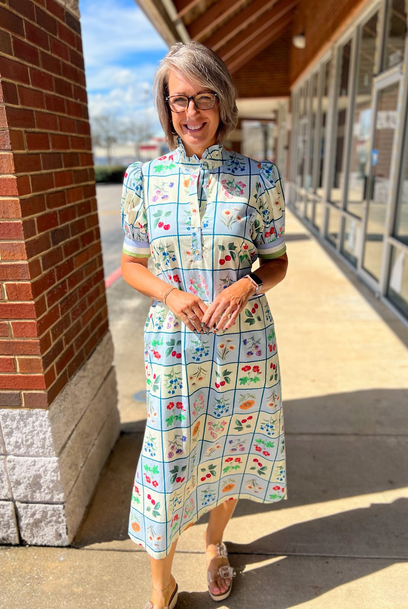 Blue Floral Midi Dress with Short Puff Sleeves and Self - Tie Waist - A'Bekah's Boutique