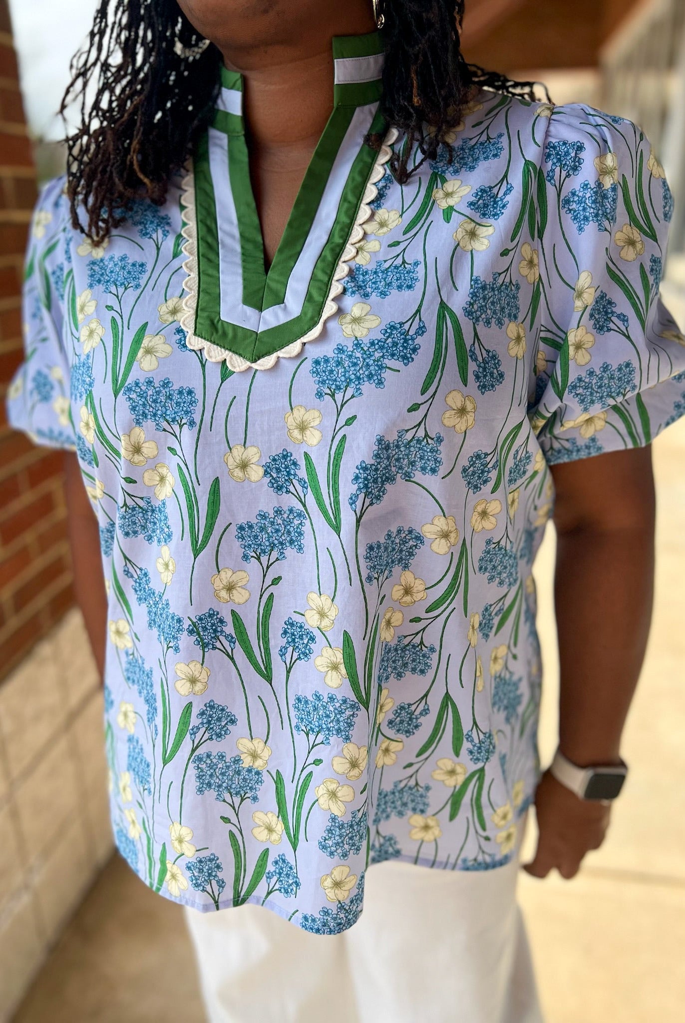 Blue Floral Puff Sleeve V - Neck Top (C) - A'Bekah's Boutique