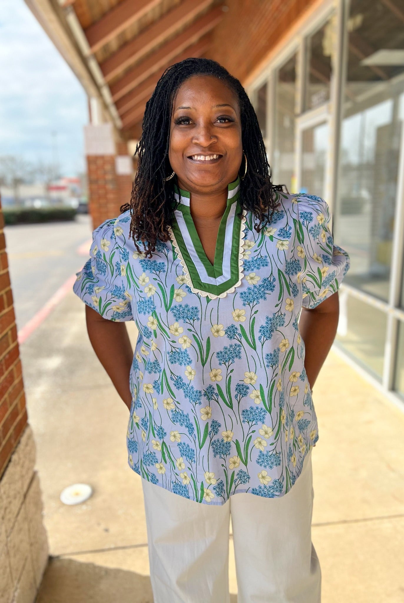 Blue Floral Puff Sleeve V - Neck Top (C) - A'Bekah's Boutique