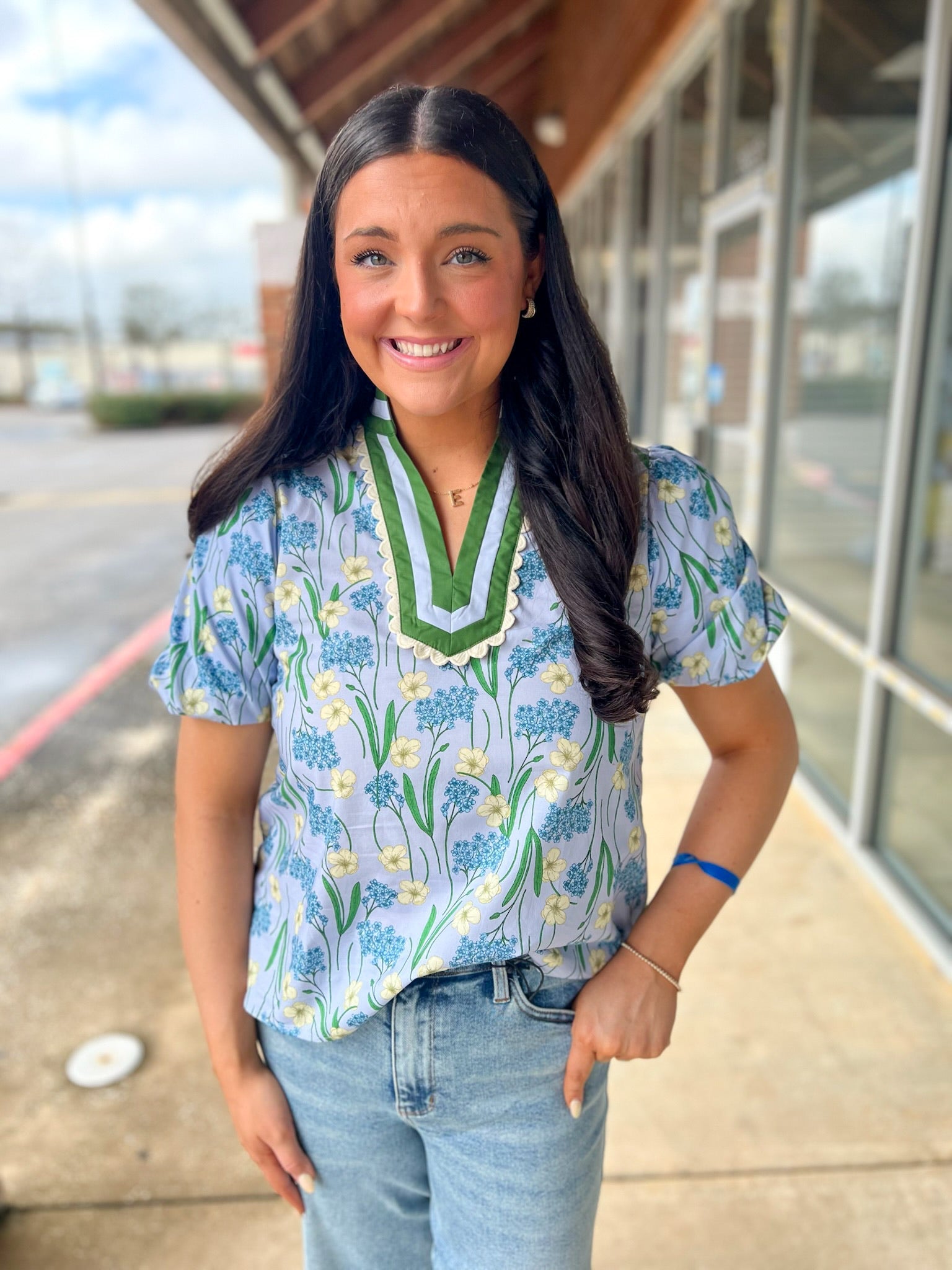 Blue Floral Puff Sleeve V - Neck Top (R) - A'Bekah's Boutique