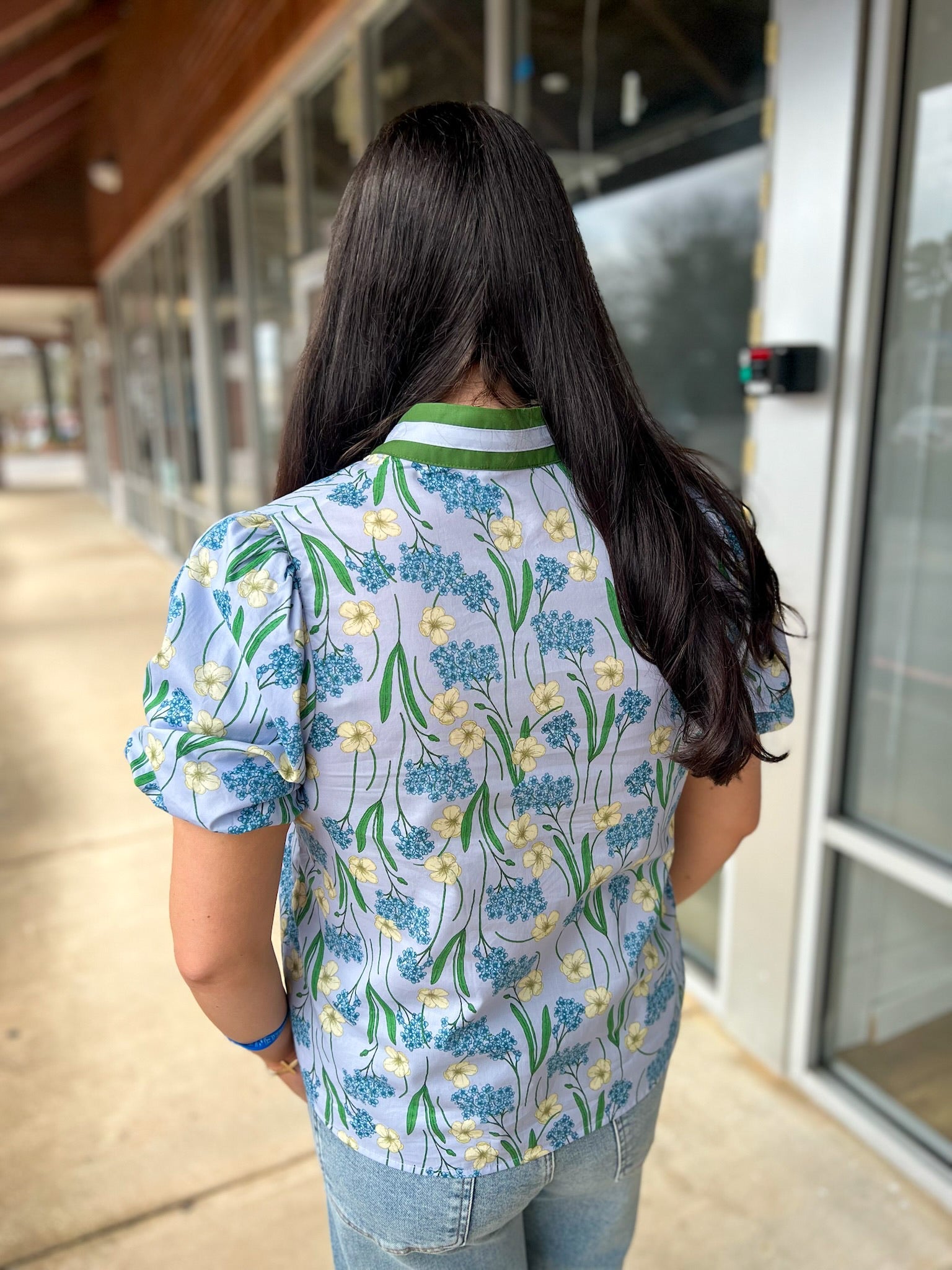 Blue Floral Puff Sleeve V - Neck Top (R) - A'Bekah's Boutique